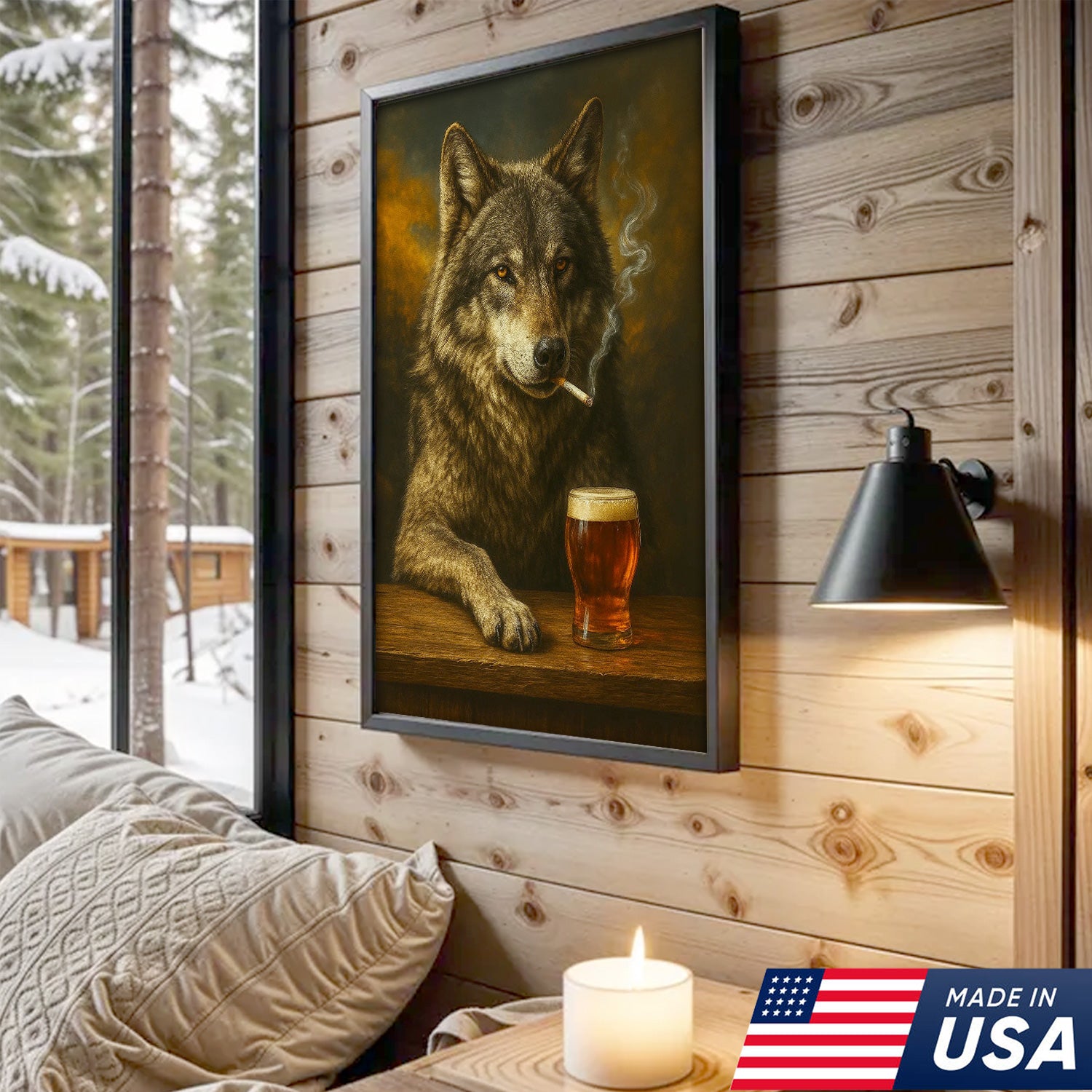 Rustic Gray Wolf Canvas Wall Art – Majestic Wildlife Bar Scene with Beer – Hunting Cabin Lodge Decor