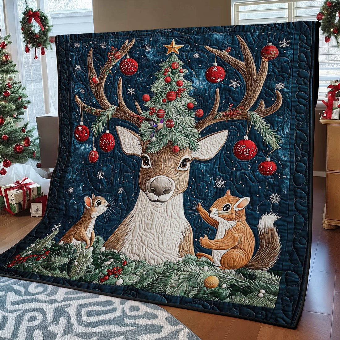 Reindeer And Squirrel Quilt Blanket
