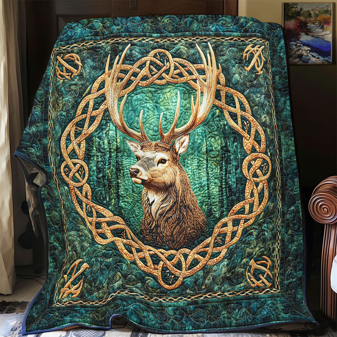 Deer In Royal Celtic Quilt Blanket
