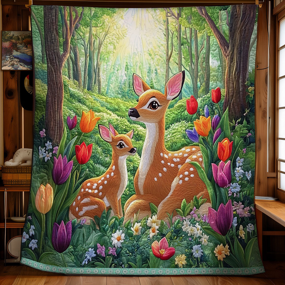 Deer In Forest Woodland Retreat Quilt Blanket