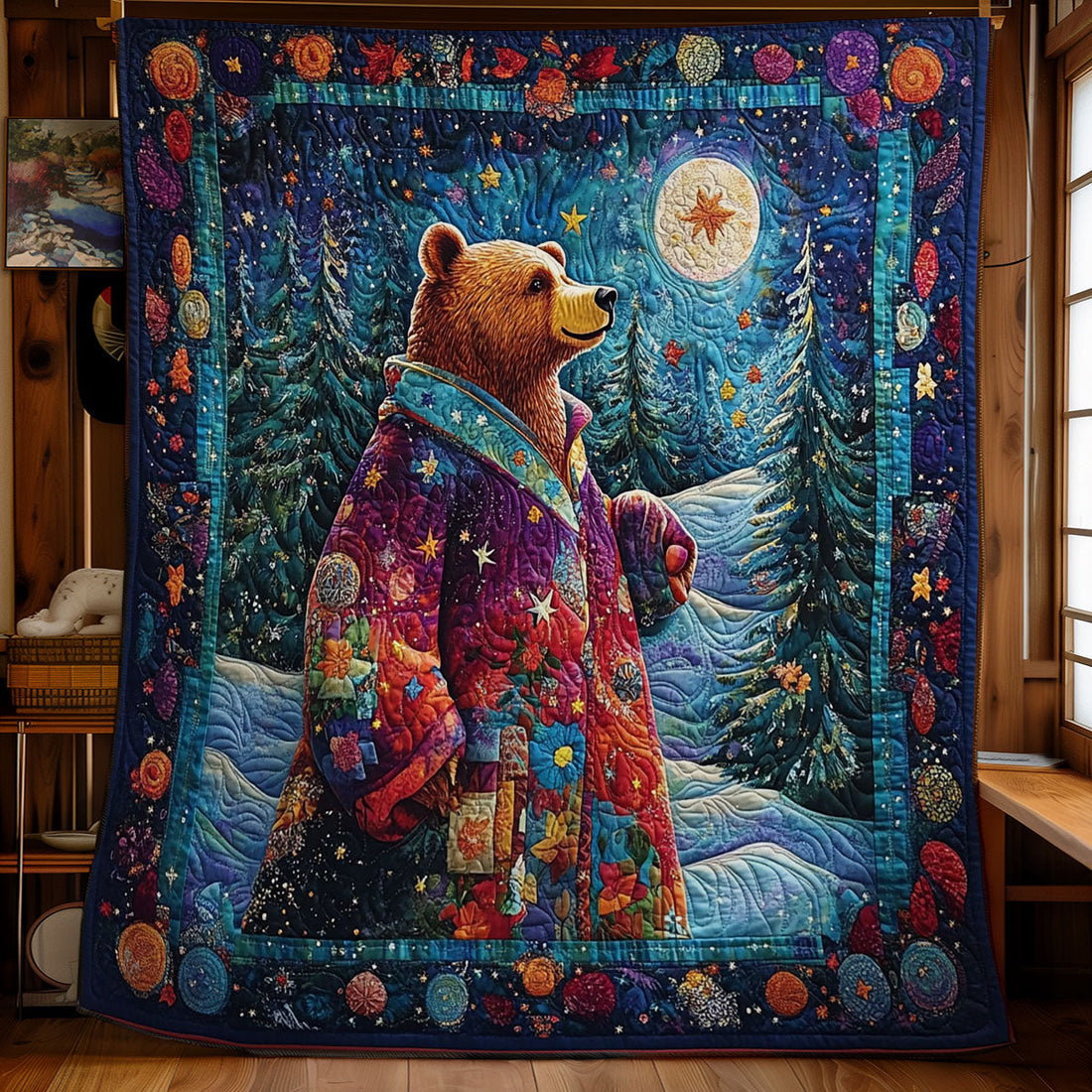 Night Forest Of Bear Quilt Blanket
