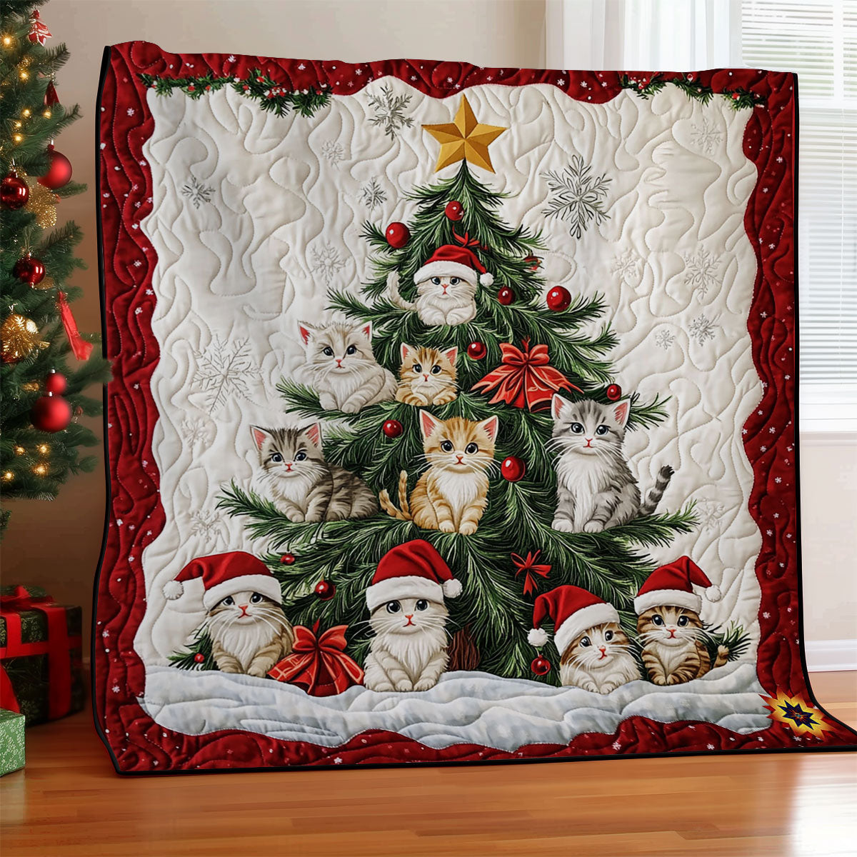 Cat Christmas Tree Holiday Cheer Quilt Blanket