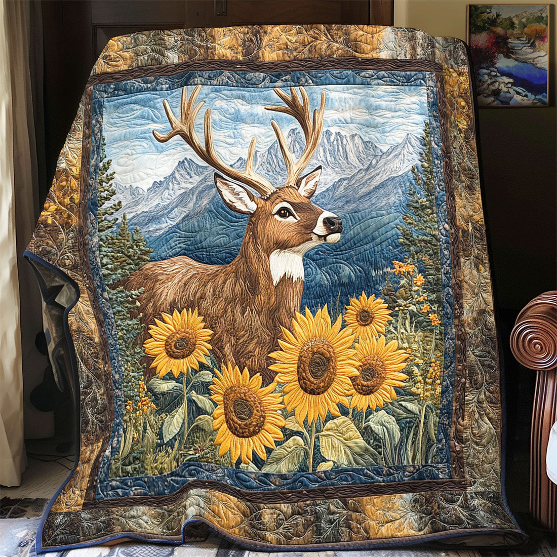 Deer And Sunflower Quilt Blanket