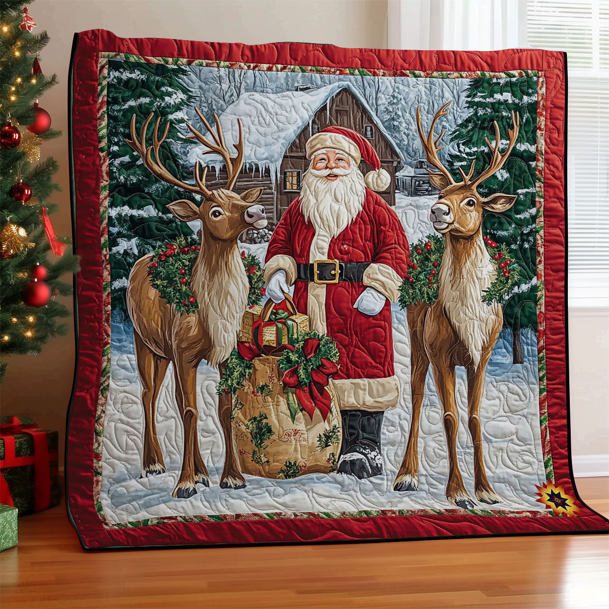 Santa Claus And Reindeer Woodland Retreat Quilt Blanket