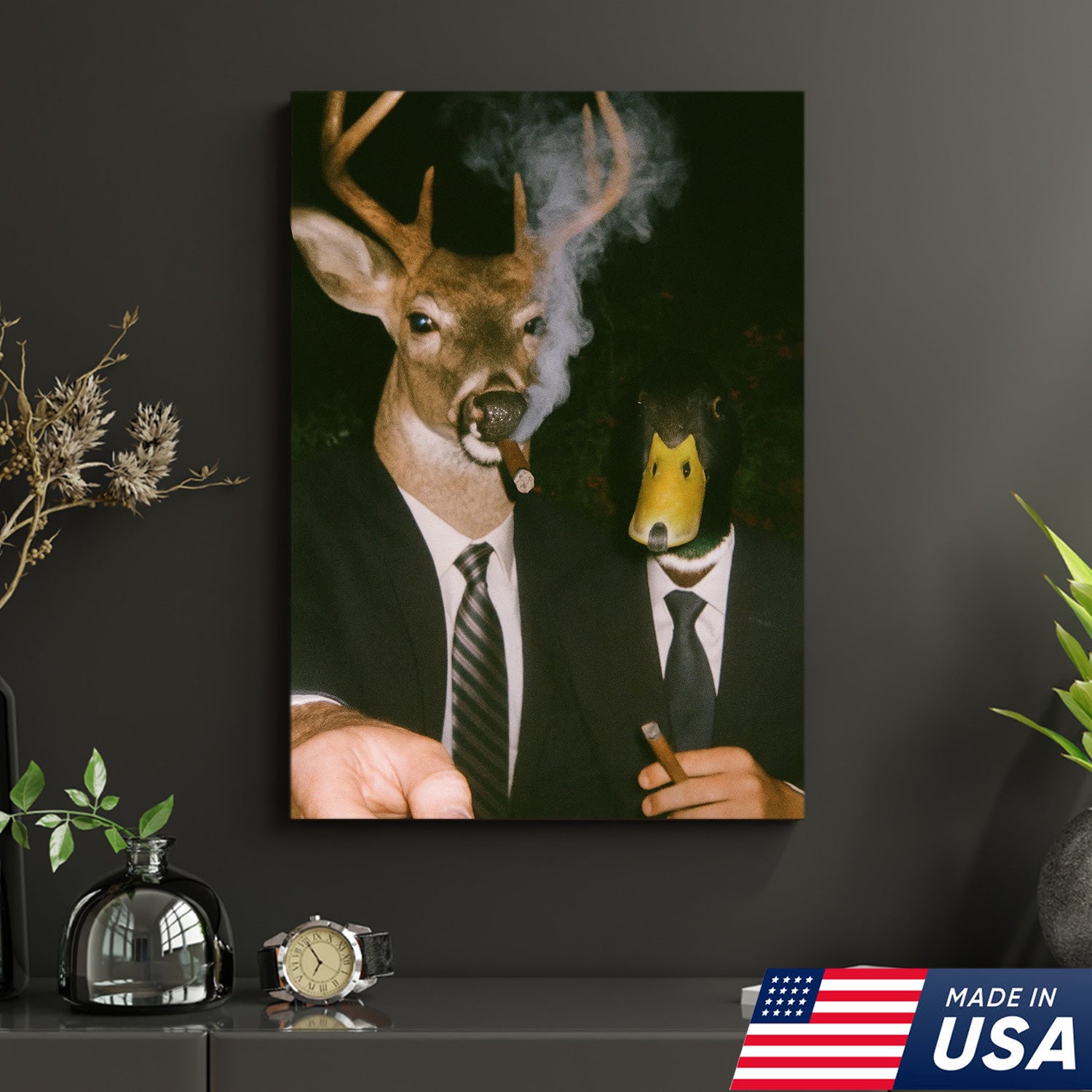 Funny Deer and Duck Canvas Wall Art - Hilarious Animal Duo in Suits - Unique Wildlife Artwork for Home Decor