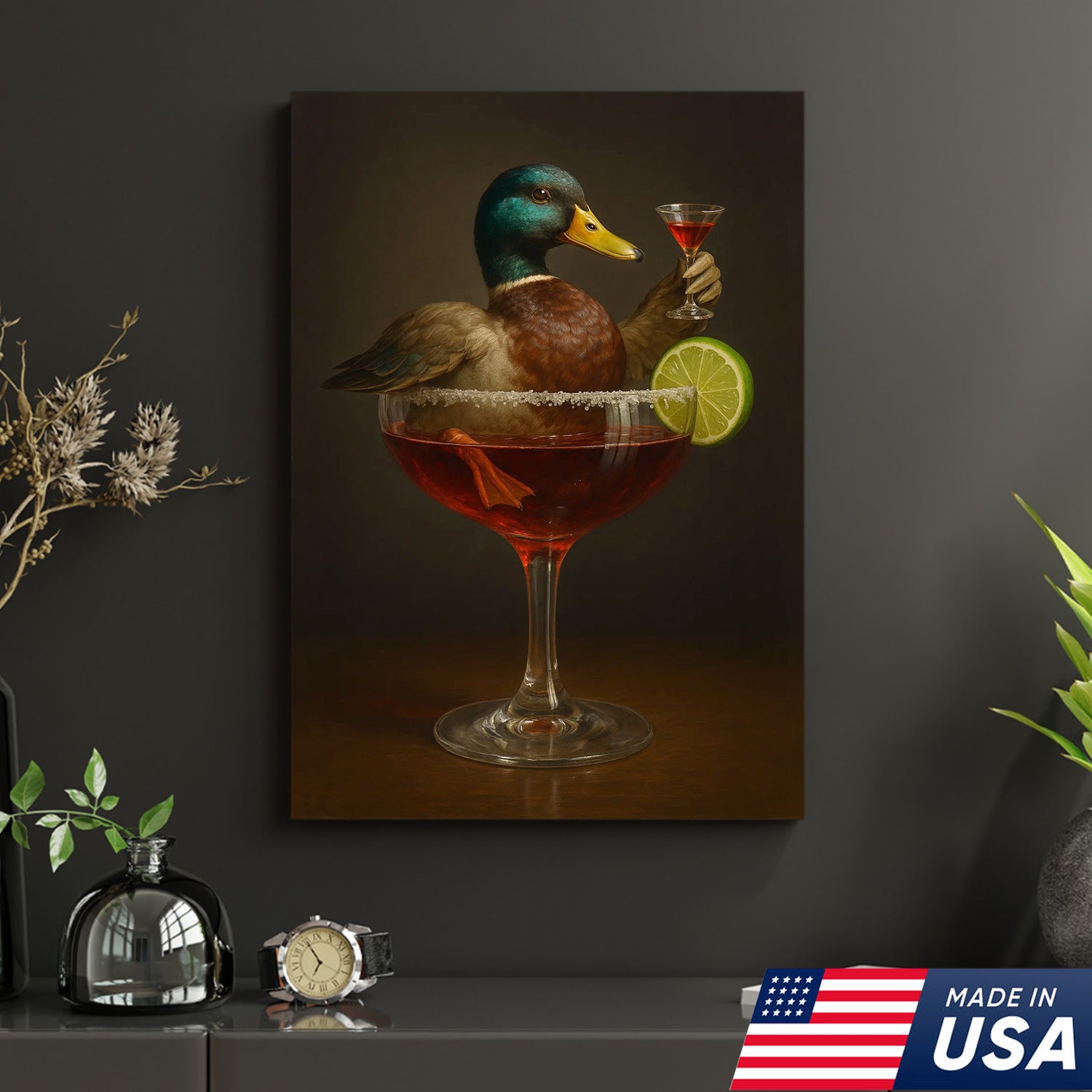 Funny Mallard Duck Canvas Wall Art - Quirky Animal in Cocktail Glass Design - Unique Wildlife Artwork for Home Decor
