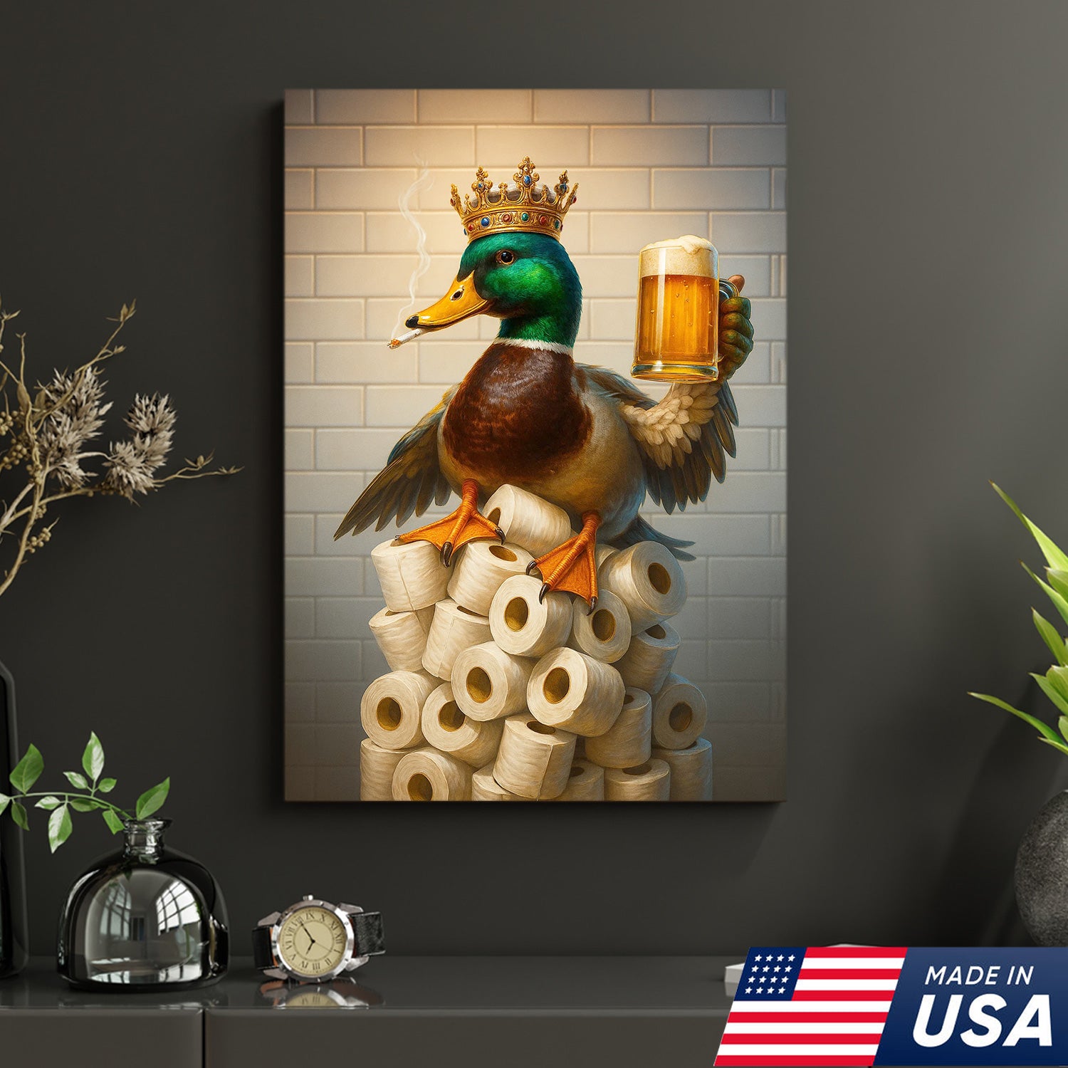 Royal Duck Canvas Wall Art - Funny Bathroom Decor with Crown and Beer - Rustic Wildlife Lodge Print