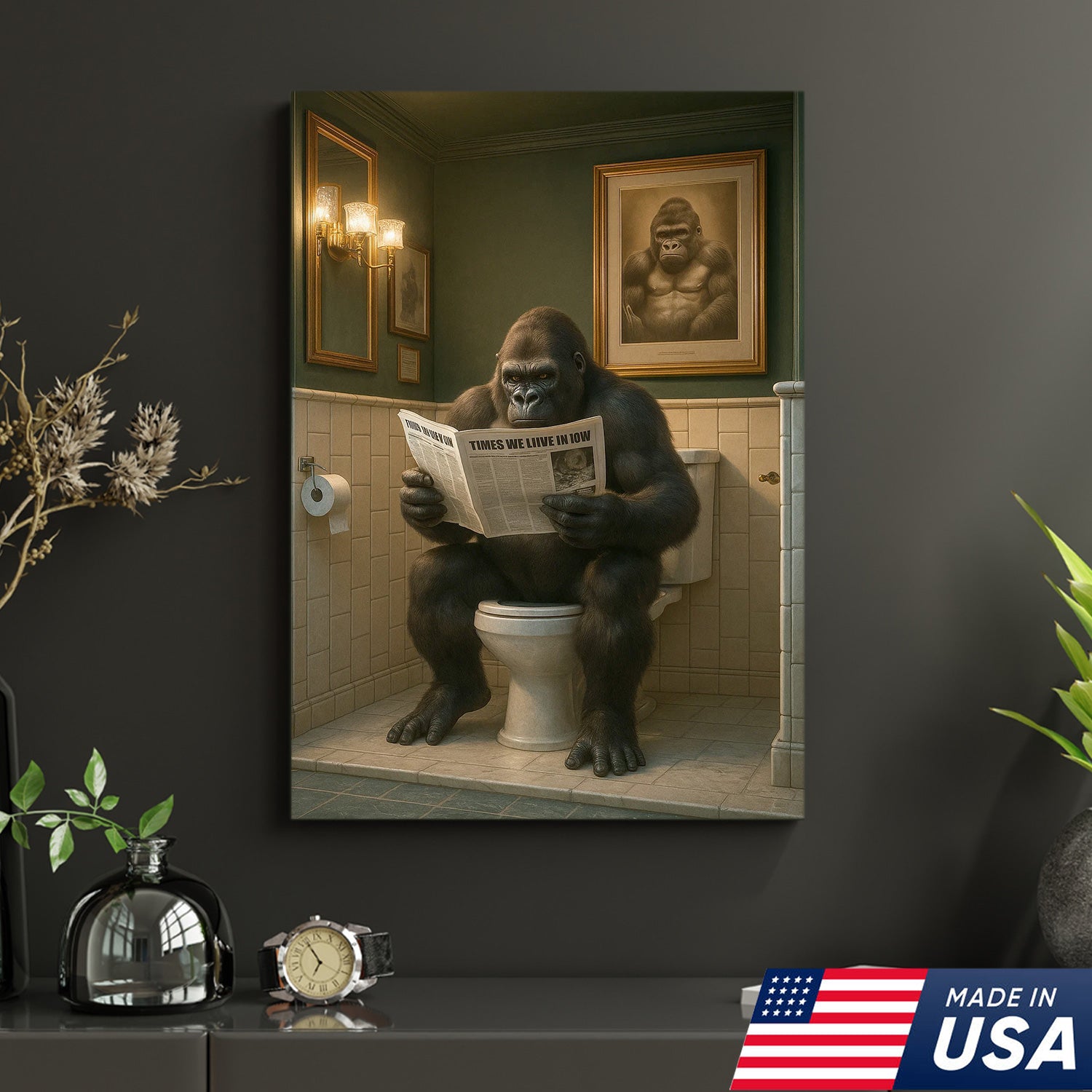 Funny Gorilla Bathroom Wall Art Canvas, Toilet Humor Decor for Men’s Restroom