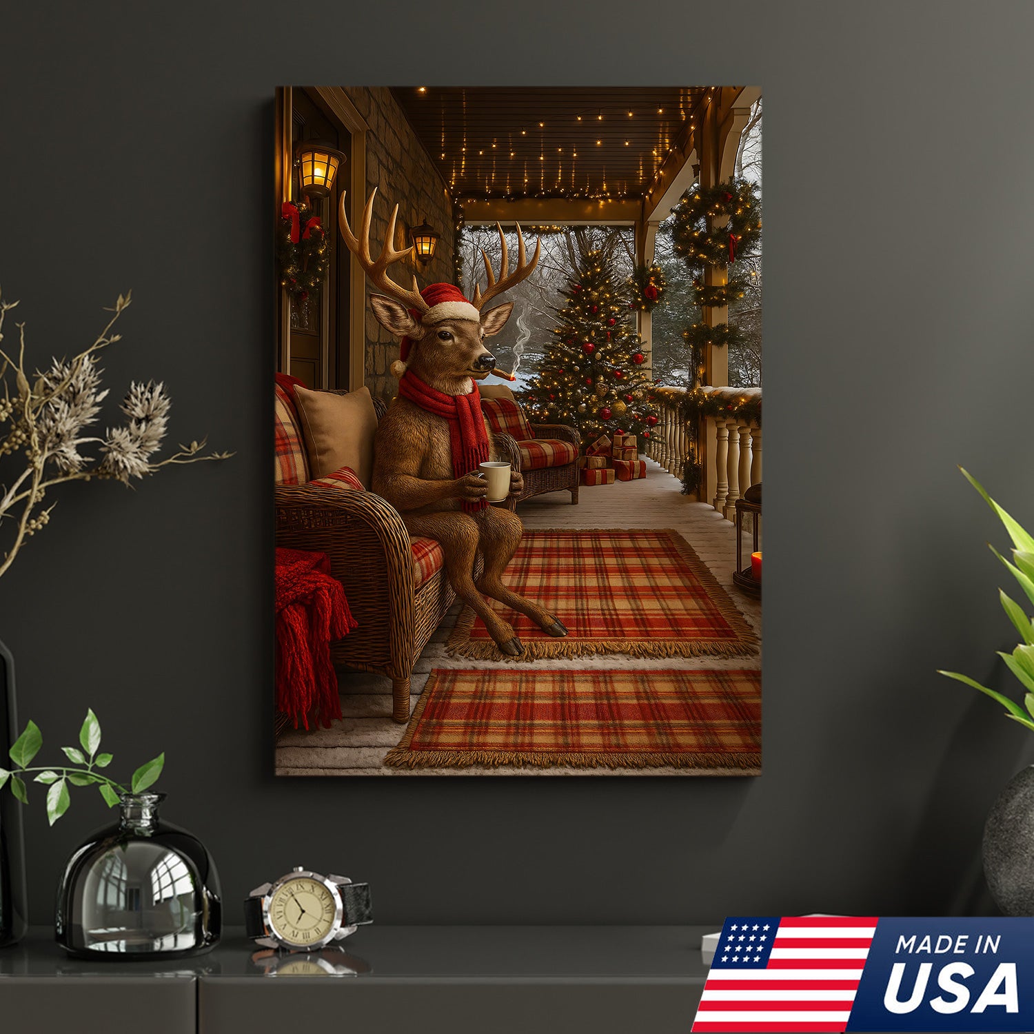 Christmas Deer Porch Canvas Wall Art, Cozy Cabin Reindeer With Scarf Holiday Print, Rustic Plaid Farmhouse Christmas Decor