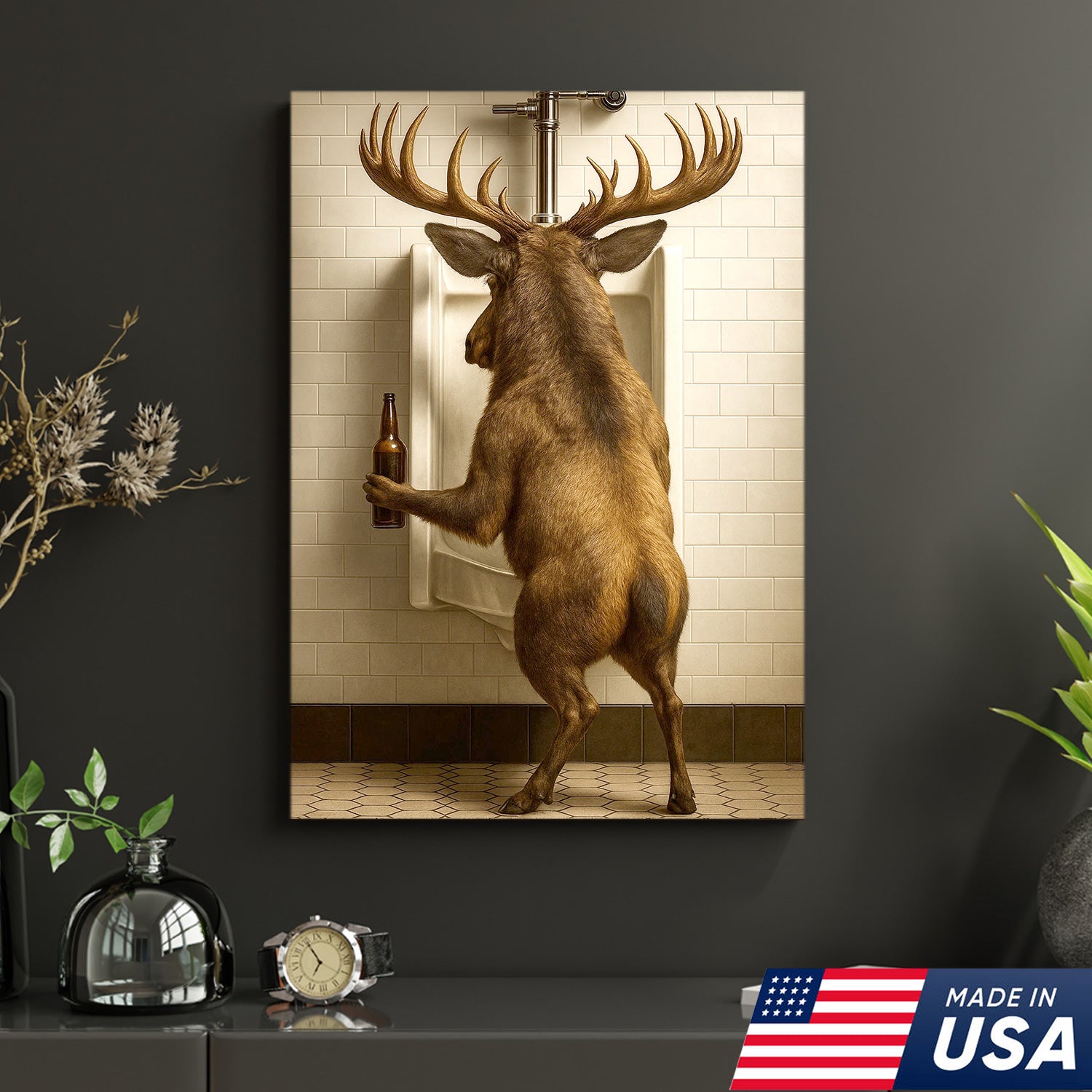 Funny Elk Canvas Wall Art - Rustic Bathroom Lodge Decor for Hunters - Unique Wildlife Cabin Print