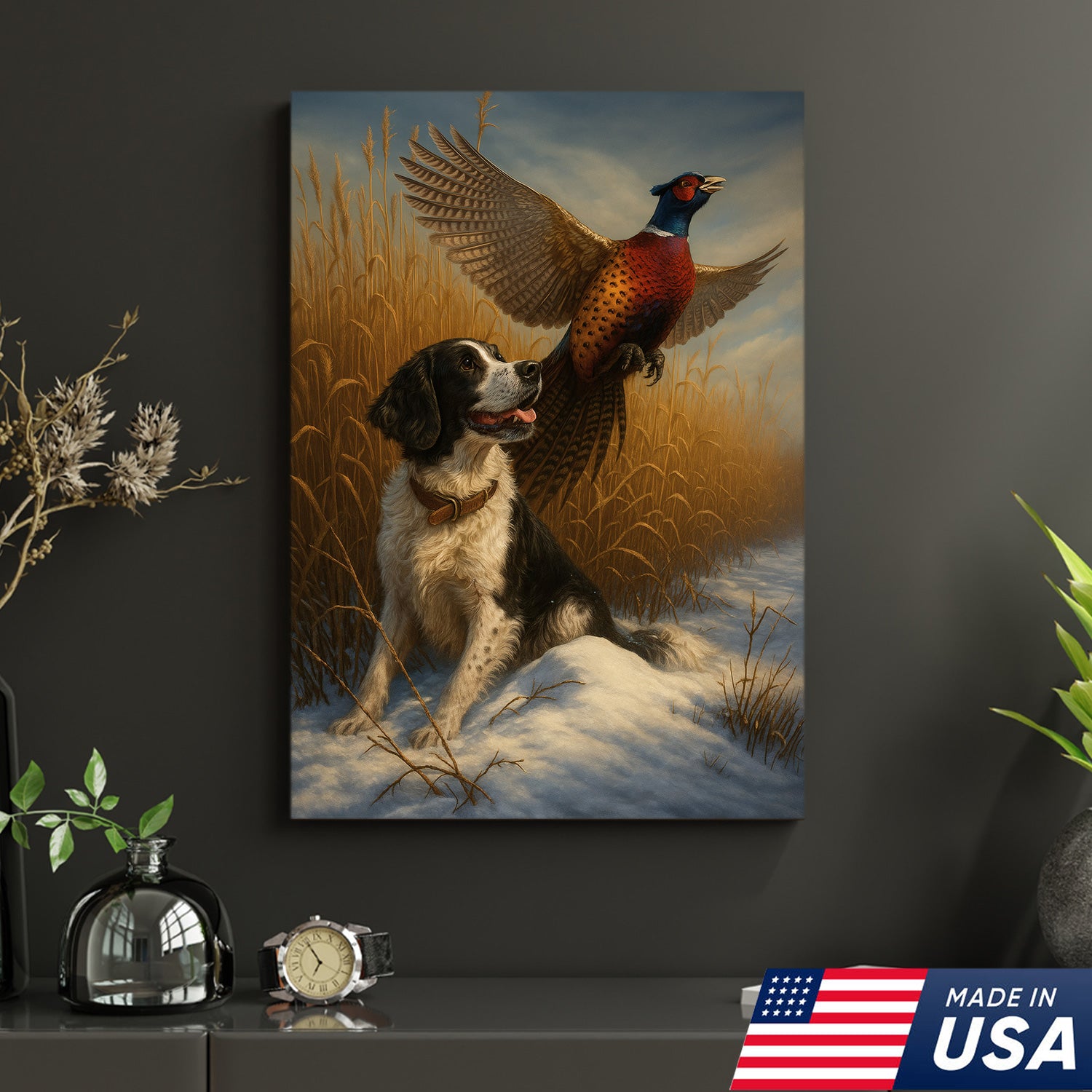 Hunting Dog & Pheasant in Winter Field Canvas – Classic Wildlife Wall Art for Lodge & Nature Decor