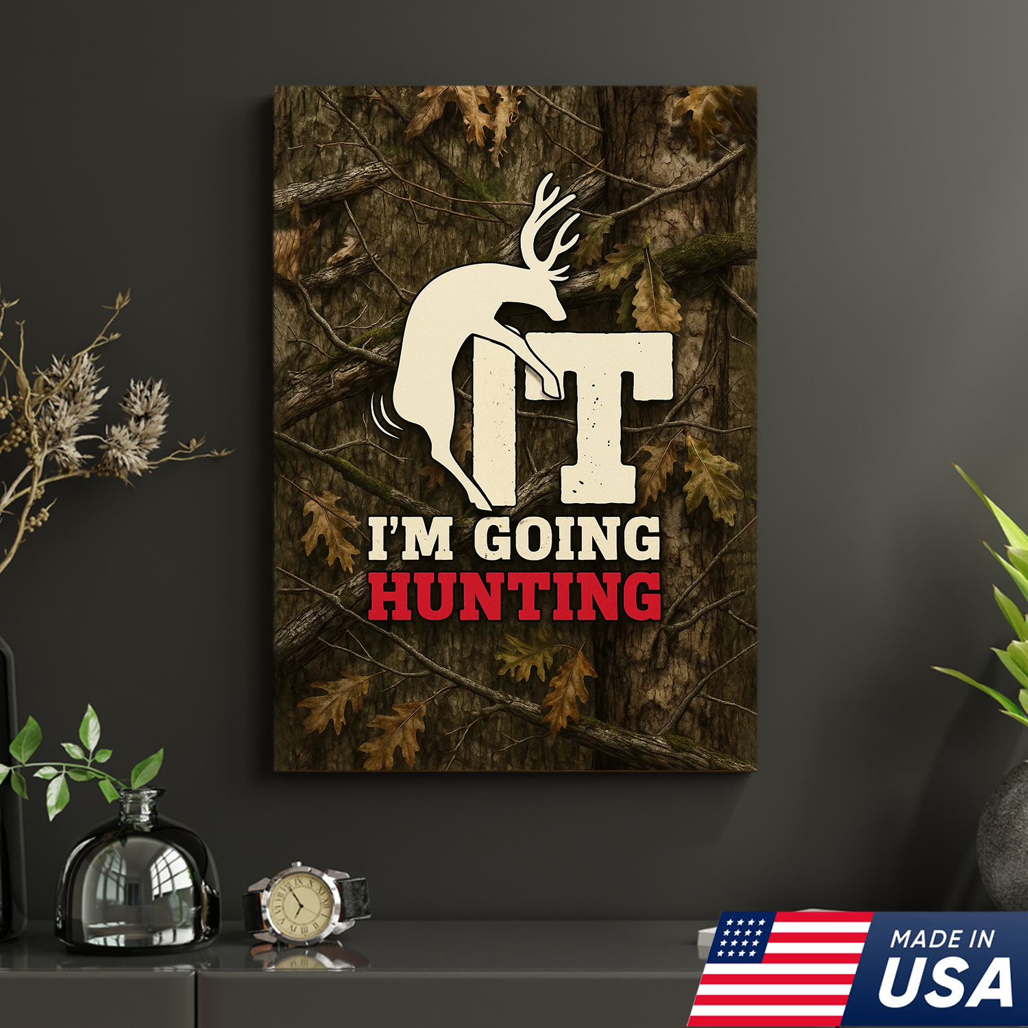 Funny Deer Hunting Canvas Wall Art - Rustic Camo Design for Hunters - Man Cave and Cabin Decor