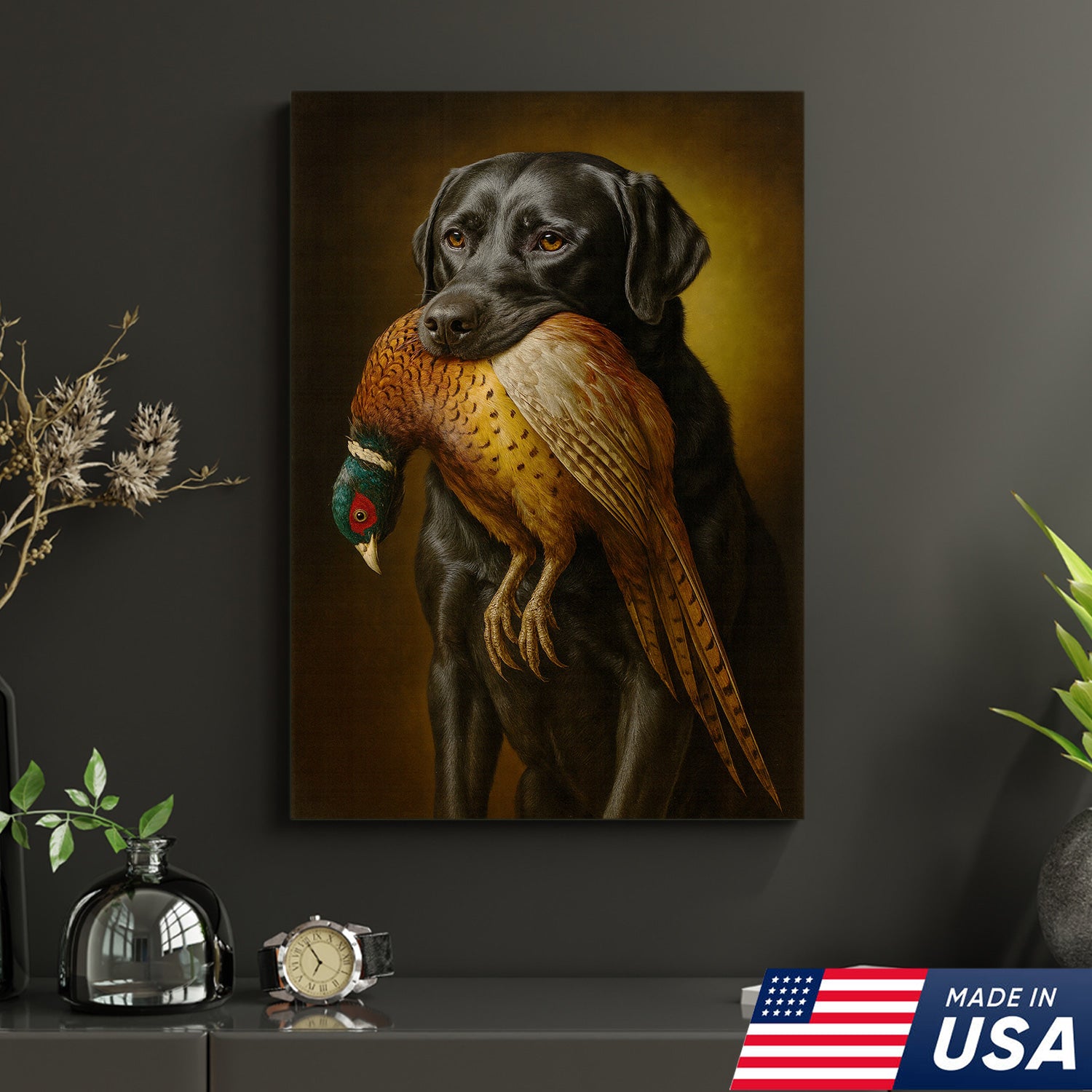 Hunting Dog Wall Art Canvas – Retriever & Pheasant Canvas Print for Hunters, Rustic Cabin Decor