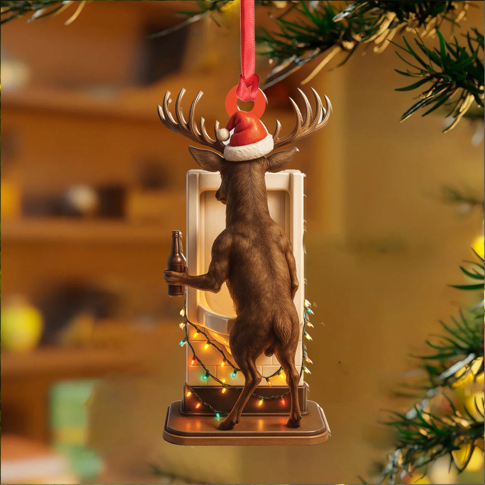 Personalized Acrylic Deer Christmas Ornament – Funny Buck with Santa Hat Drinking Beer by Urinal Holiday Decor