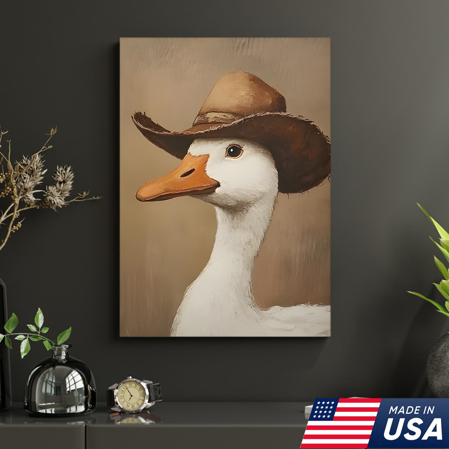 Western Farm Animal Trio Canvas Wall Art Set, Cowboy Duck Raccoon Highland Cow Portraits