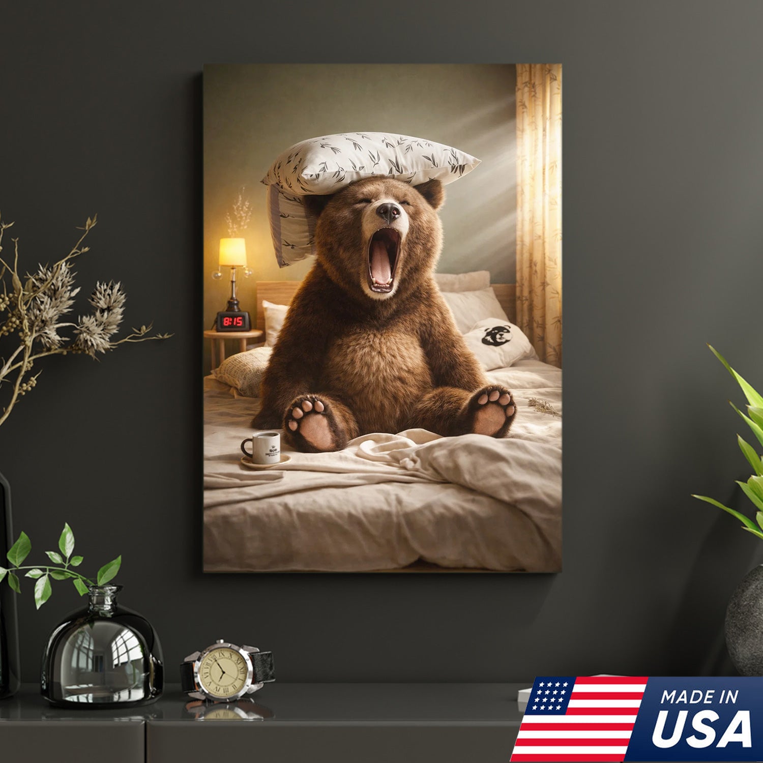 Funny Sleepy Bear Canvas Wall Art, Yawning Bear in Bed with Pillow, Cozy Bedroom Animal Art