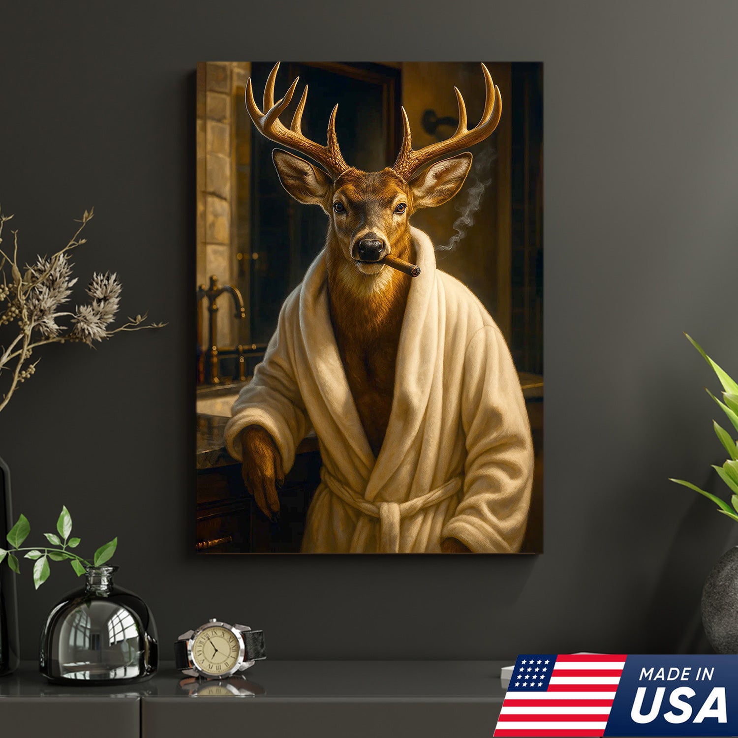Deer Canvas Wall Art – Stylish Buck in Bathrobe Smoking Cigar Rustic Bathroom Decor for Hunters