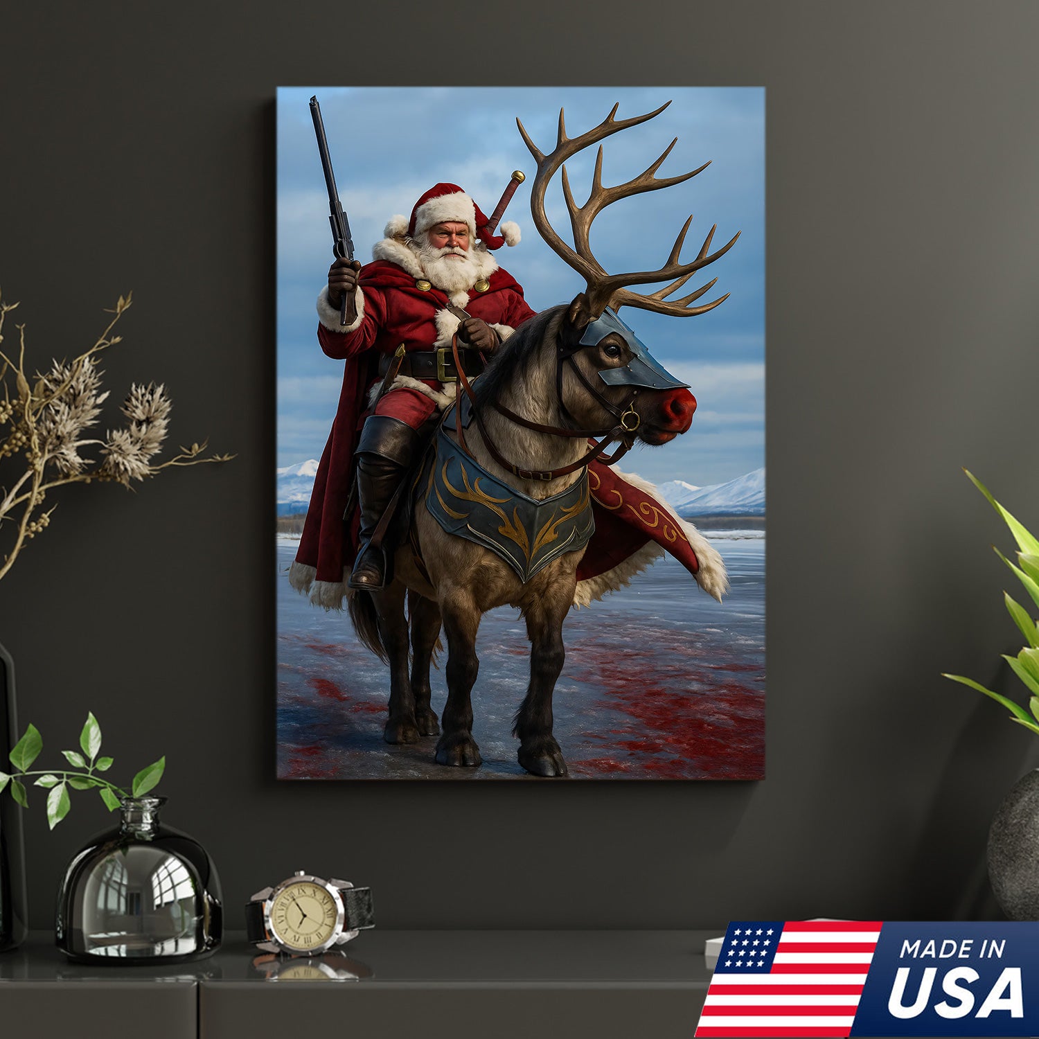 Epic Santa Riding Reindeer Canvas Wall Art, Fantasy Warrior Santa on Armored Reindeer Poster, Winter Christmas Wall Decor Print