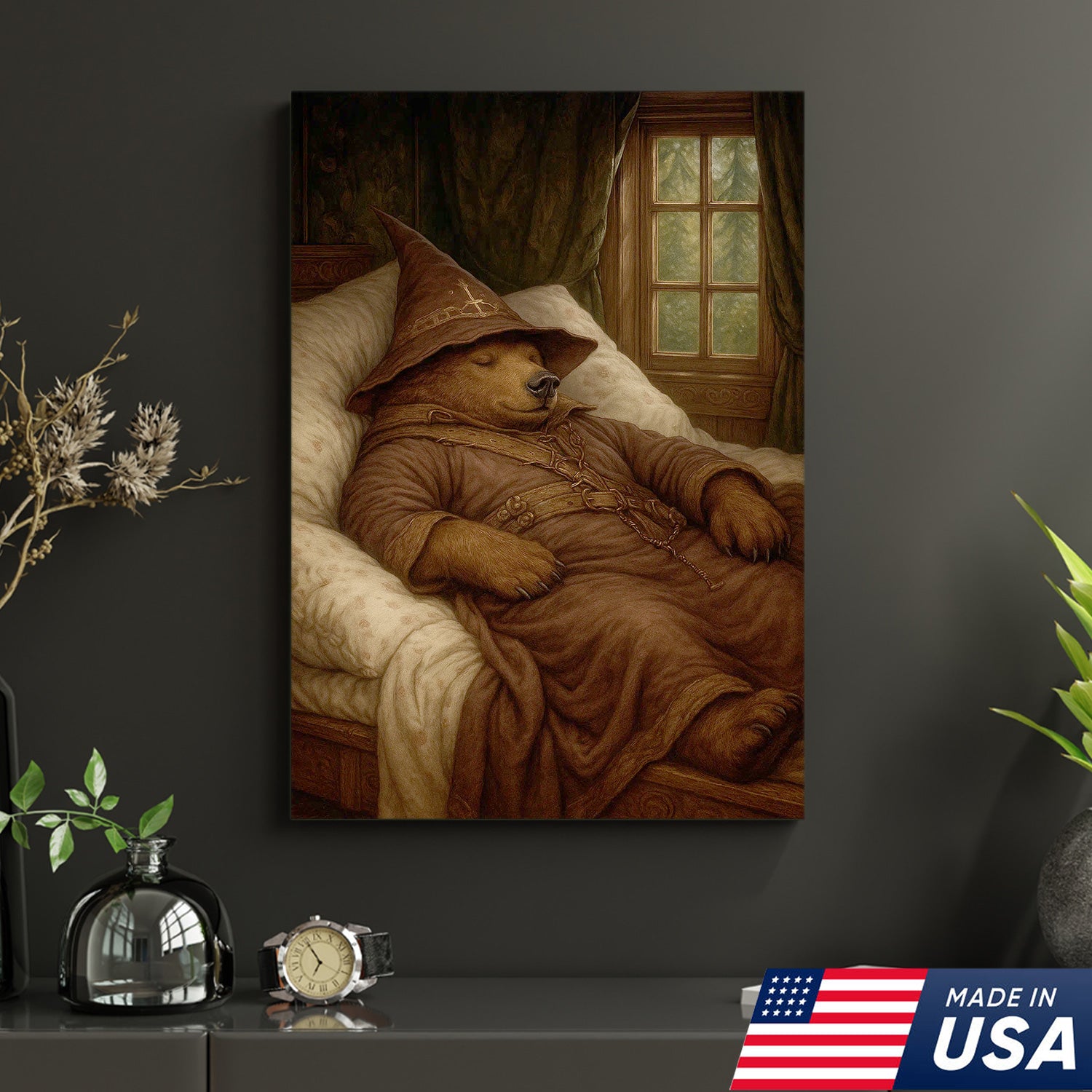 Sleeping Wizard Bear Canvas Wall Art, Cozy Fantasy Animal Poster