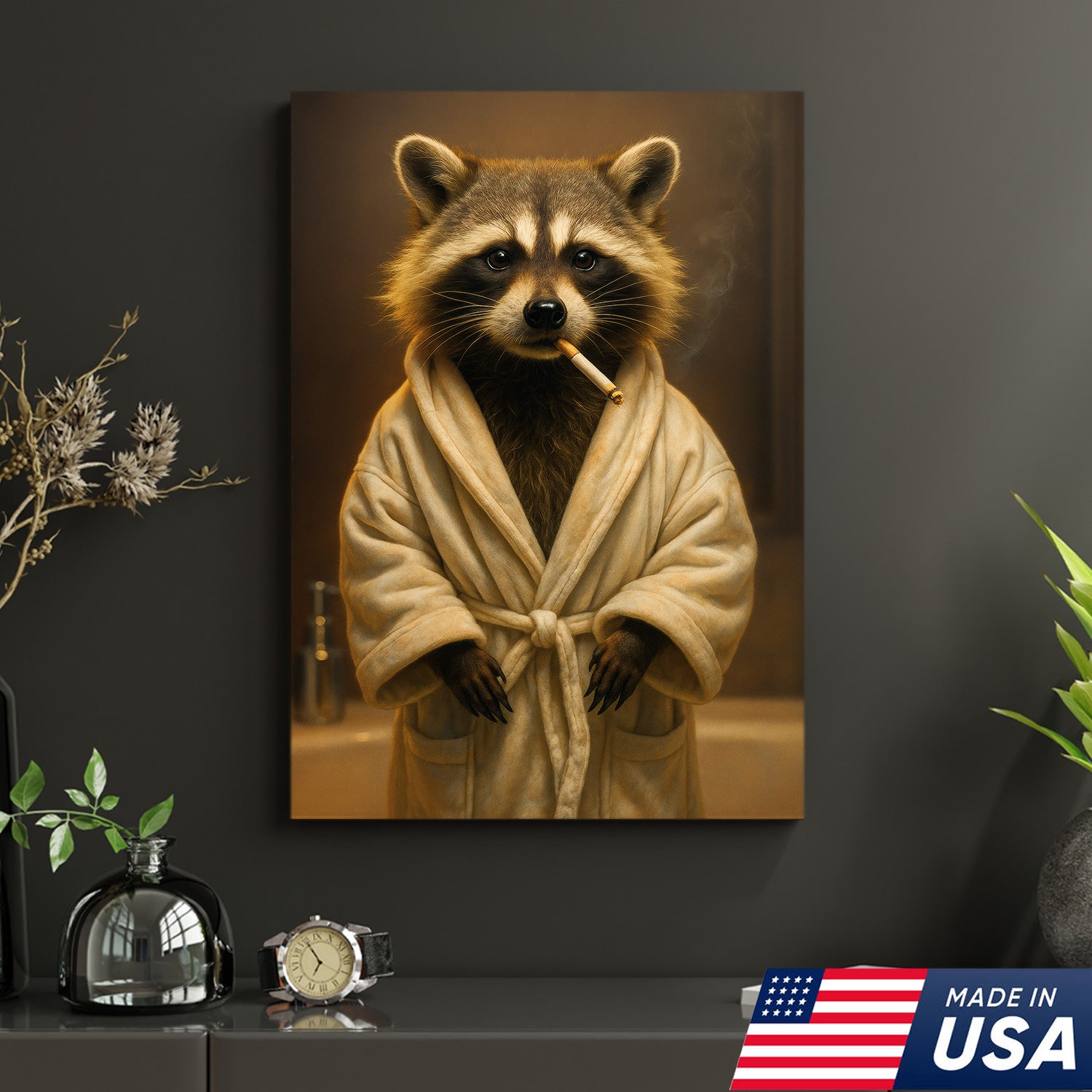 Hilarious Raccoon Bathrobe Canvas – Cozy Bathroom Humor Wall Art, Man Cave Decor