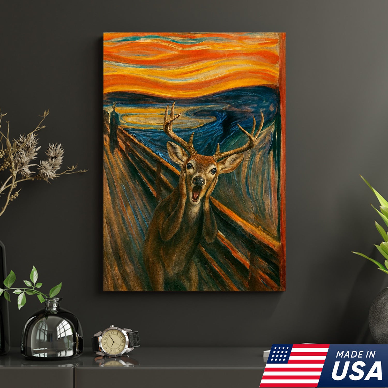 Funny Deer Wall Art Canvas – The Scream Parody Hunting Decor – Rustic Wildlife Home Decoration