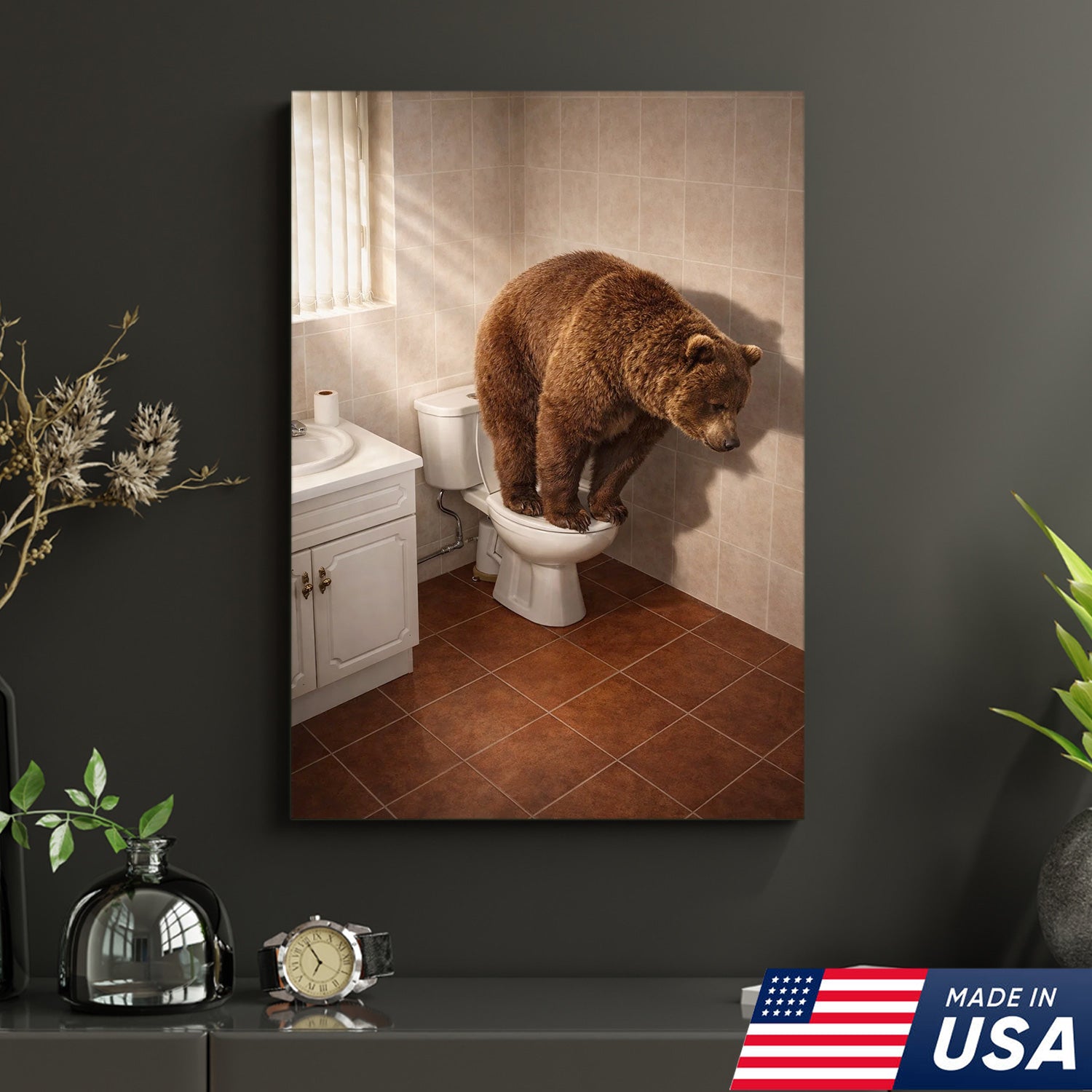 Funny Bear Toilet Canvas, Bathroom Humor Wall Art, Animal Decor