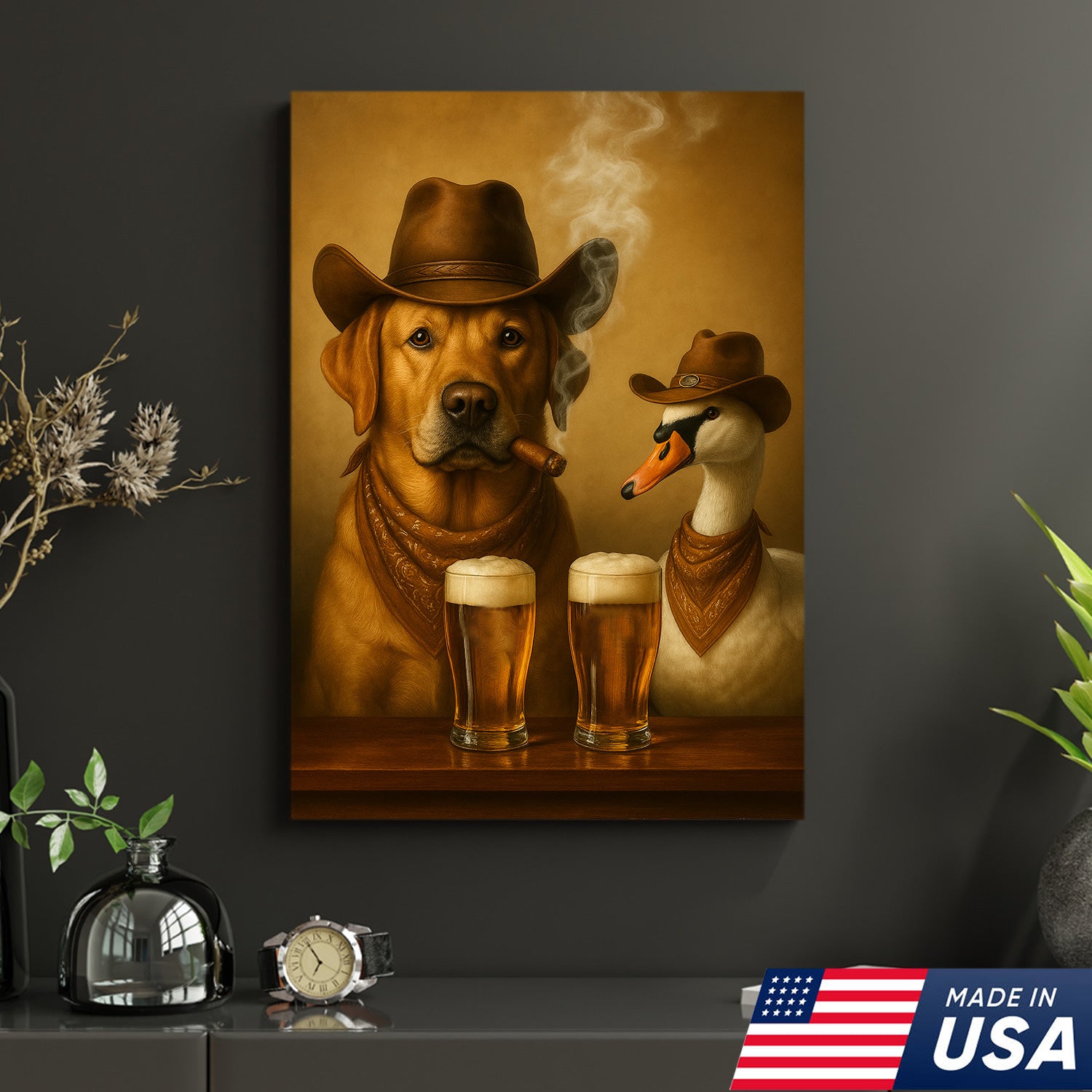 Funny Cowboy Dog & Geese Wall Art Canvas – Funny Beer & Smoking Canvas for Hunters, Cabin, Bar & Man Cave Decor