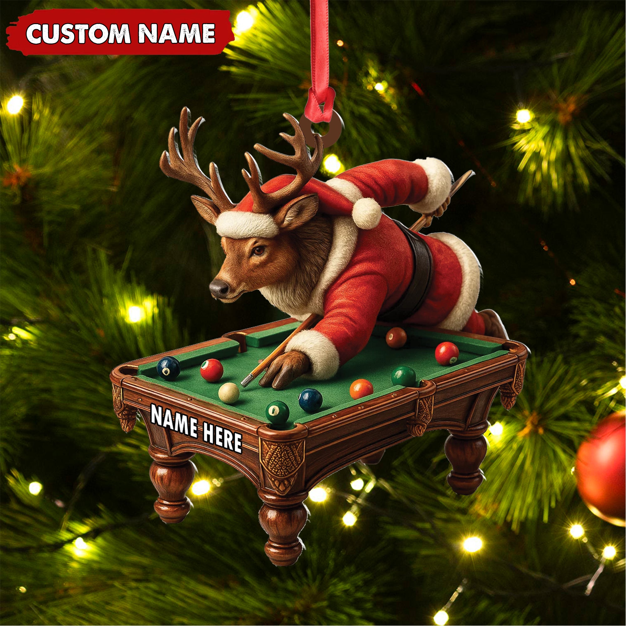 Personalized Acrylic Deer Christmas Ornament – Funny Buck Playing Pool in Santa Outfit Holiday Decor