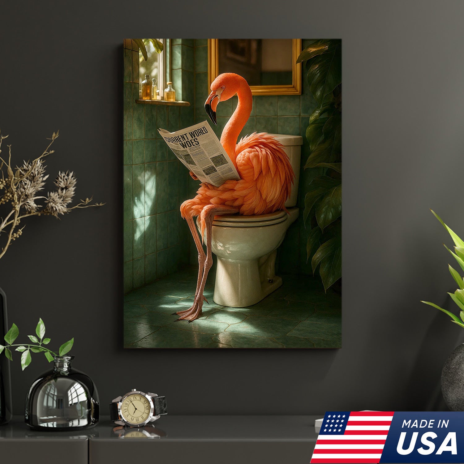 Funny Flamingo Bathroom Canvas Wall Art – Quirky Bird Reading Newspaper Print – Humorous Home Decor