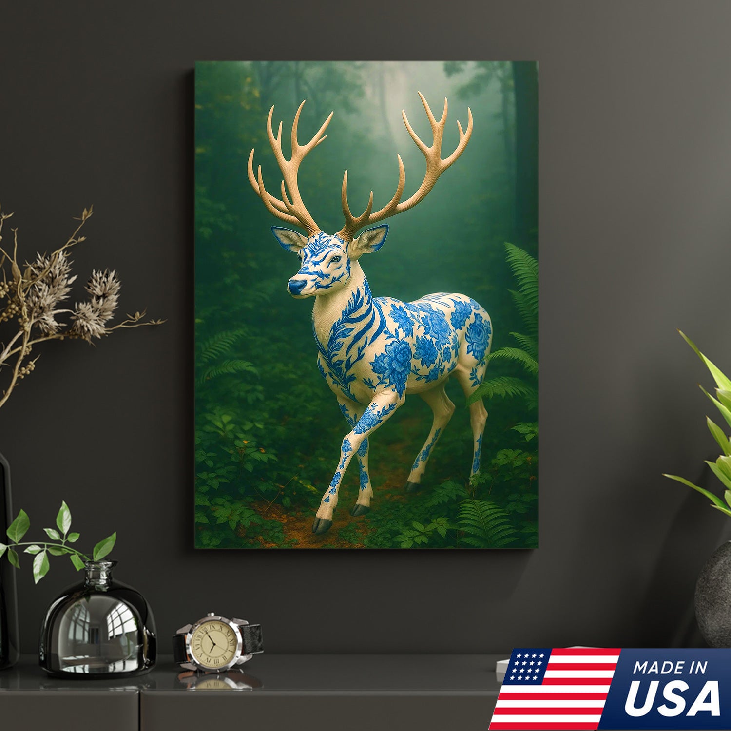 Blue Porcelain Deer Canvas, Elegant Woodland Art Print for Nature Lovers