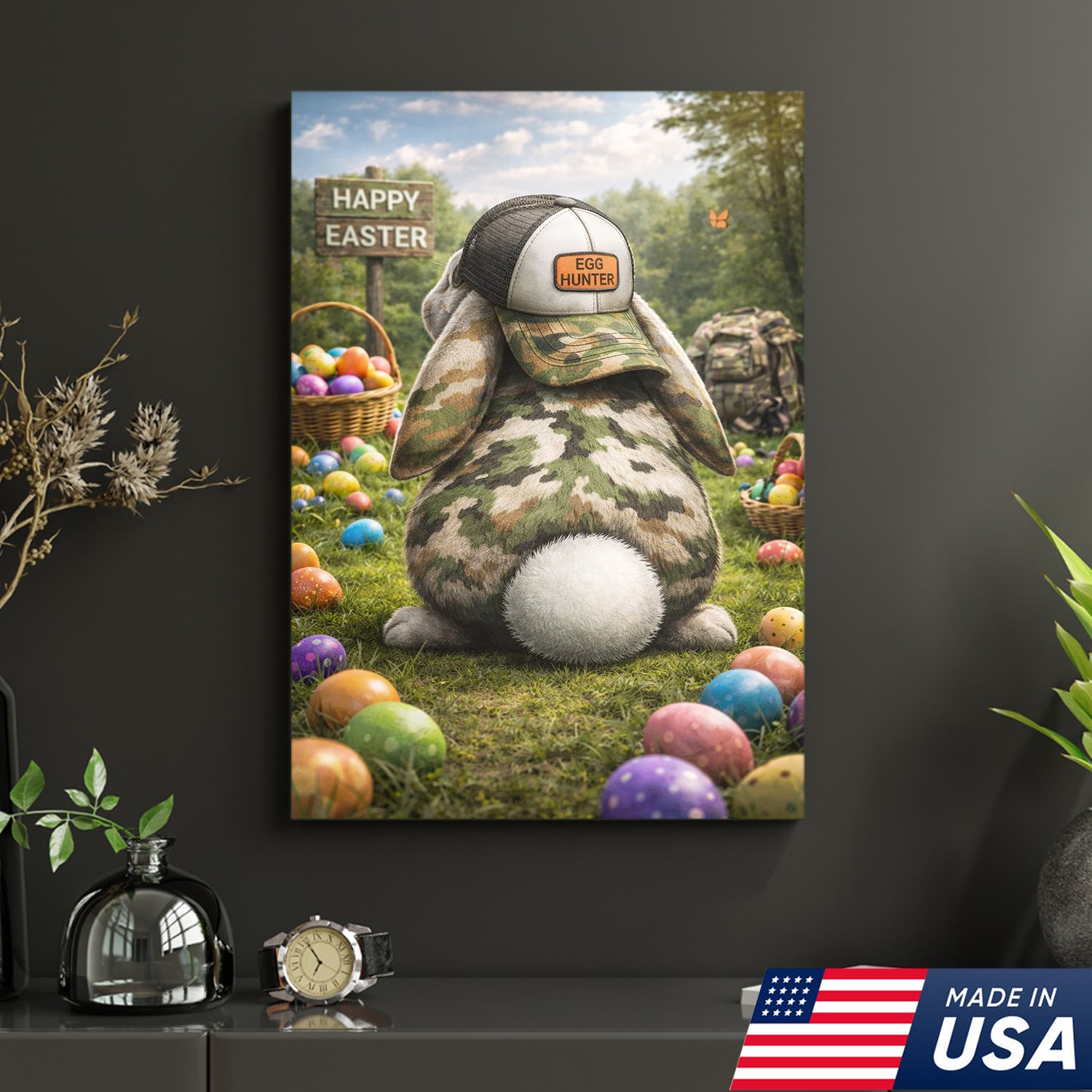Funny Easter Bunny Hunter Canvas Wall Art, Camo Rabbit with Egg Hunter Hat