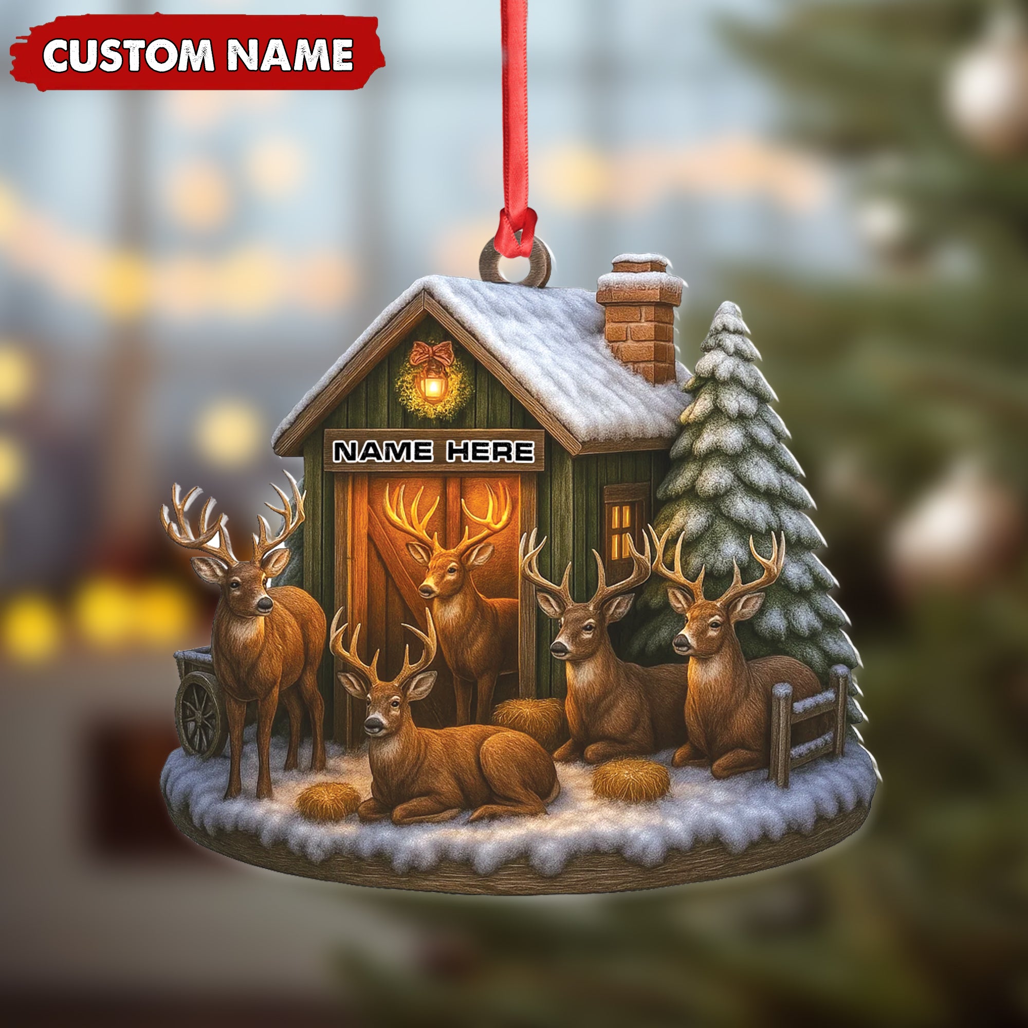 Personalized Acrylic Deer Family Christmas Ornament – Rustic Holiday Cabin Decor for Hunters & Wildlife Lovers