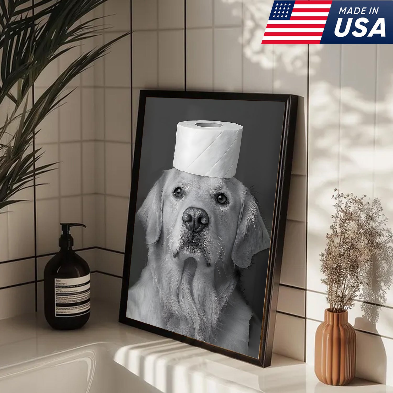 Funny Dog Bathroom Triptych Canvas Wall Art Set, Black and Golden Retriever Bath Humor