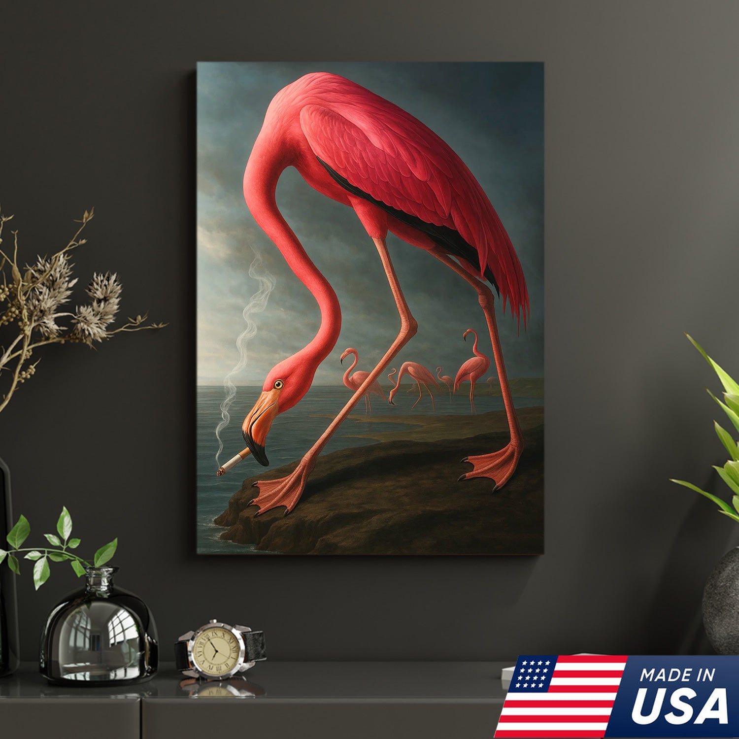 Cool Flamingo Canvas Wall Art – Funny Pink Bird Beach Decor – Unique Coastal Wildlife Print