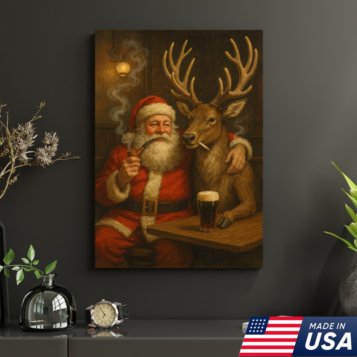 Funny Santa and Reindeer Wall Art Canvas – Rustic Christmas Lodge Decor – Holiday Deer Hunting Theme