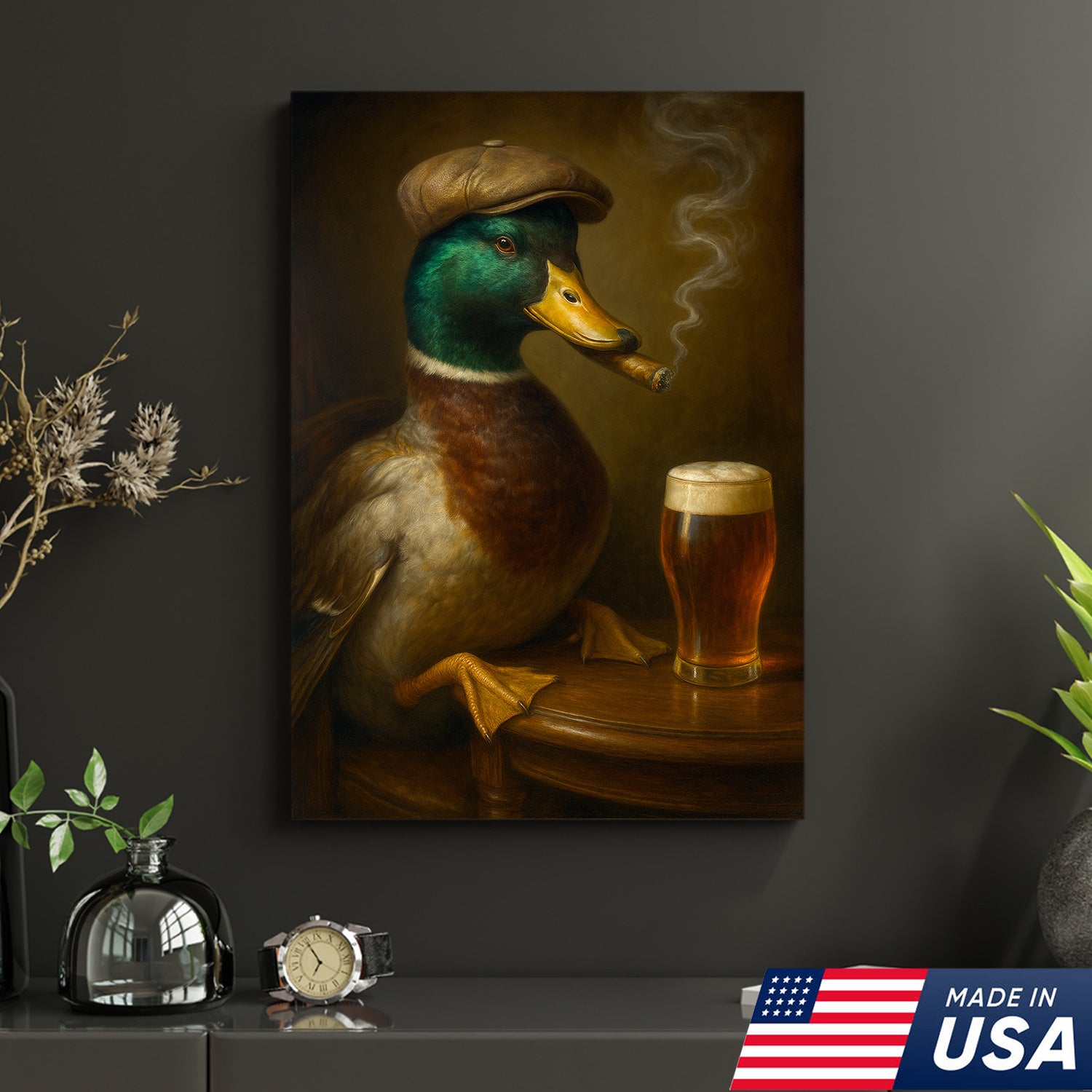 Mallard Duck Gentle Beer Smoking Canvas – Funny Rustic Wall Art for Hunters, Cabin, Bar & Man Cave