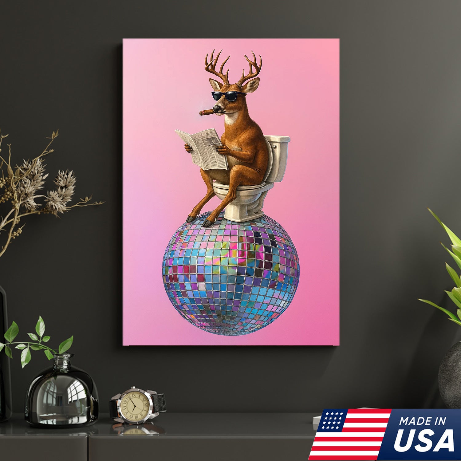 Deer Canvas Wall Art – Funny Buck Reading Newspaper on Toilet with Disco Ball Unique Bathroom Decor