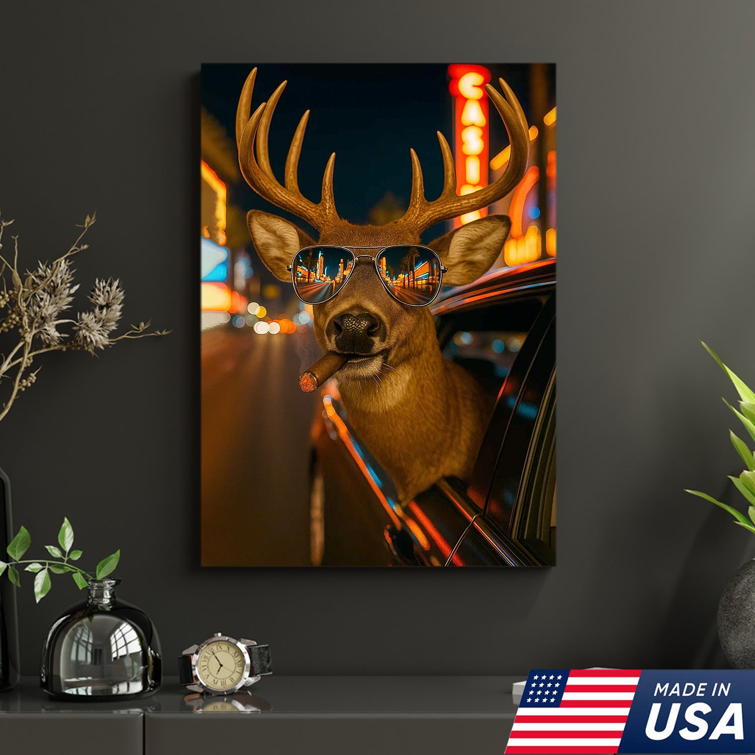 Cool Deer Canvas Wall Art - Funny Rustic Lodge Decor with Sunglasses and Night City Vibes - Unique Wildlife Cabin Print