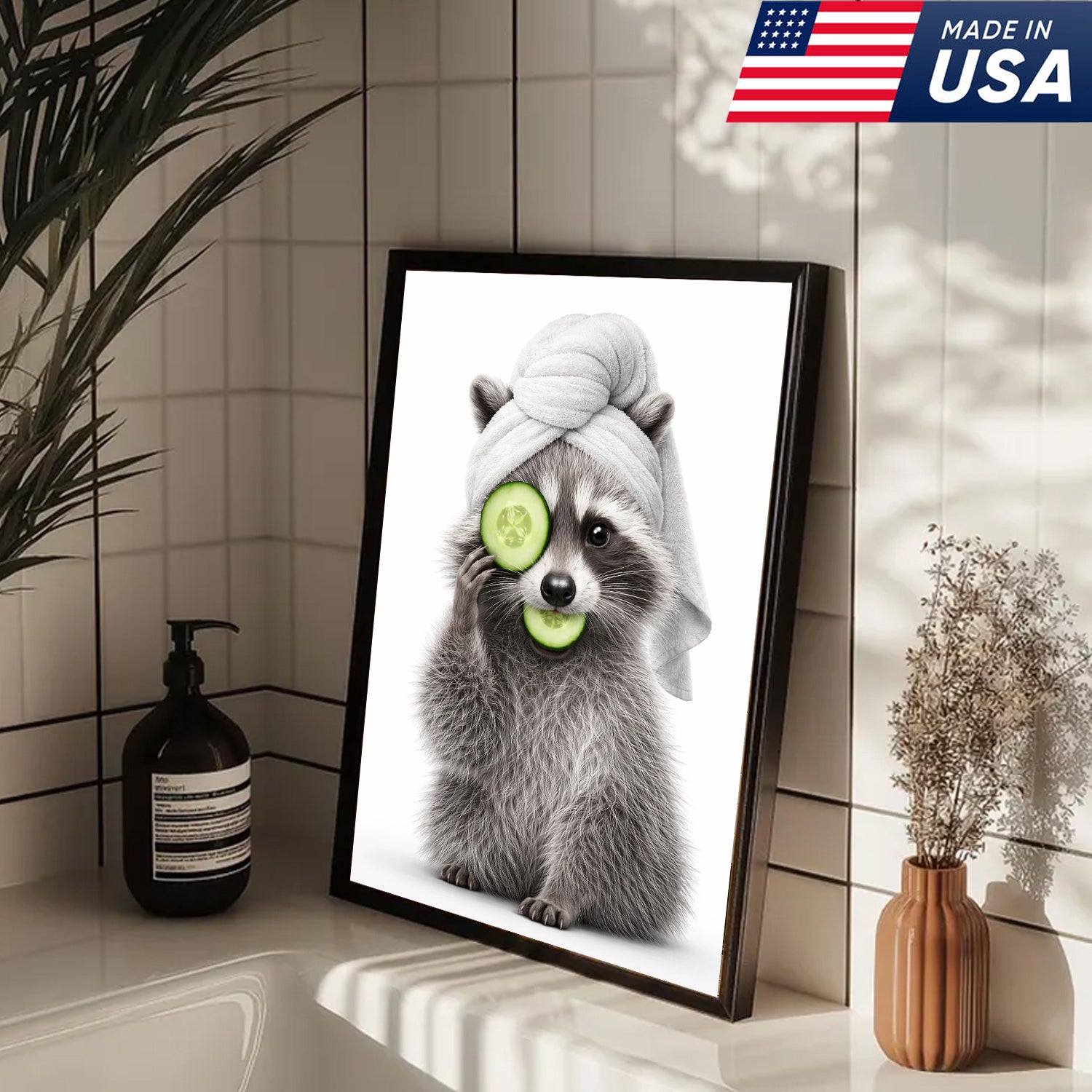 Funny Raccoon Wall Art Canvas Set, Cute Animal Bathroom Humor Triptych Print