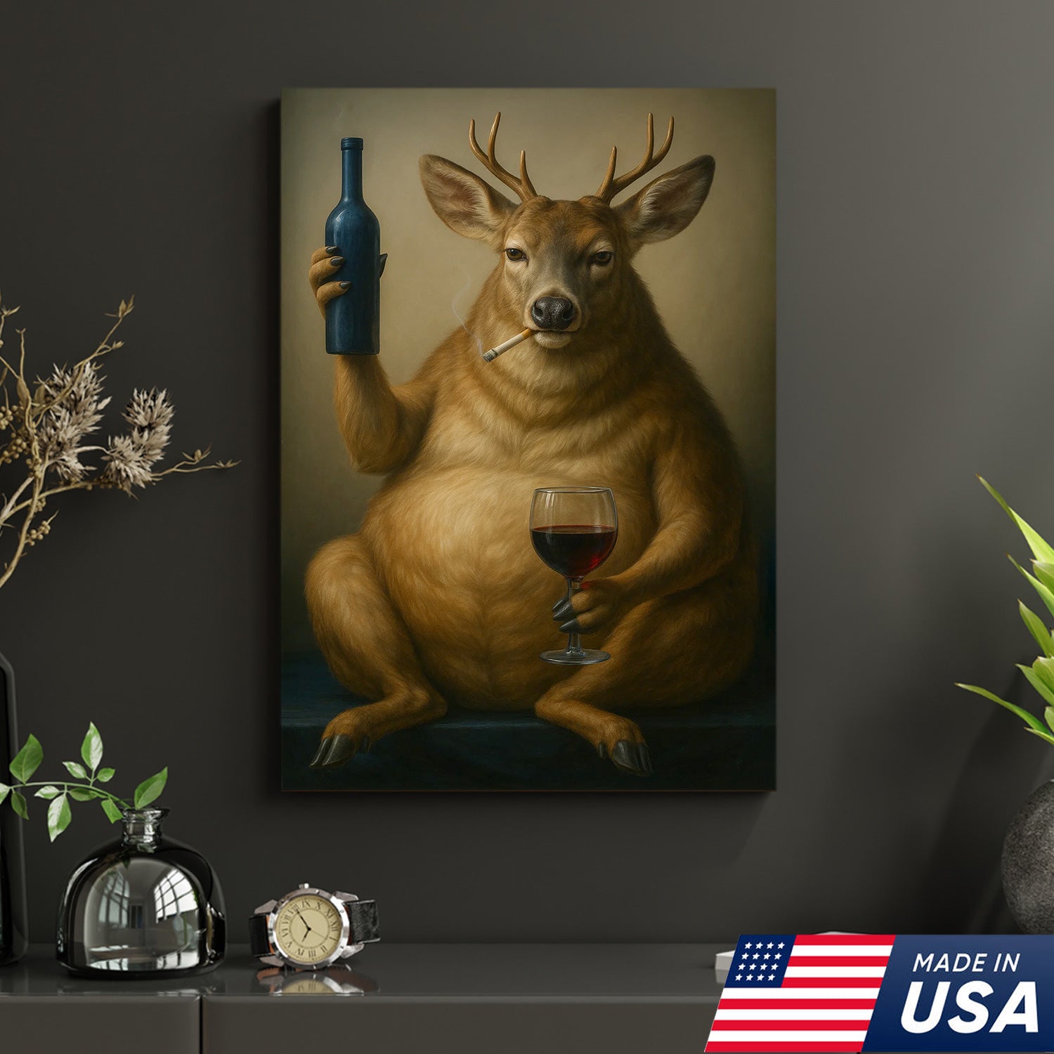 Funny Deer Wall Art Canvas – Fat Buck with Wine Glass Rustic Lodge Decor – Whimsical Wildlife Hunting Home Decoration