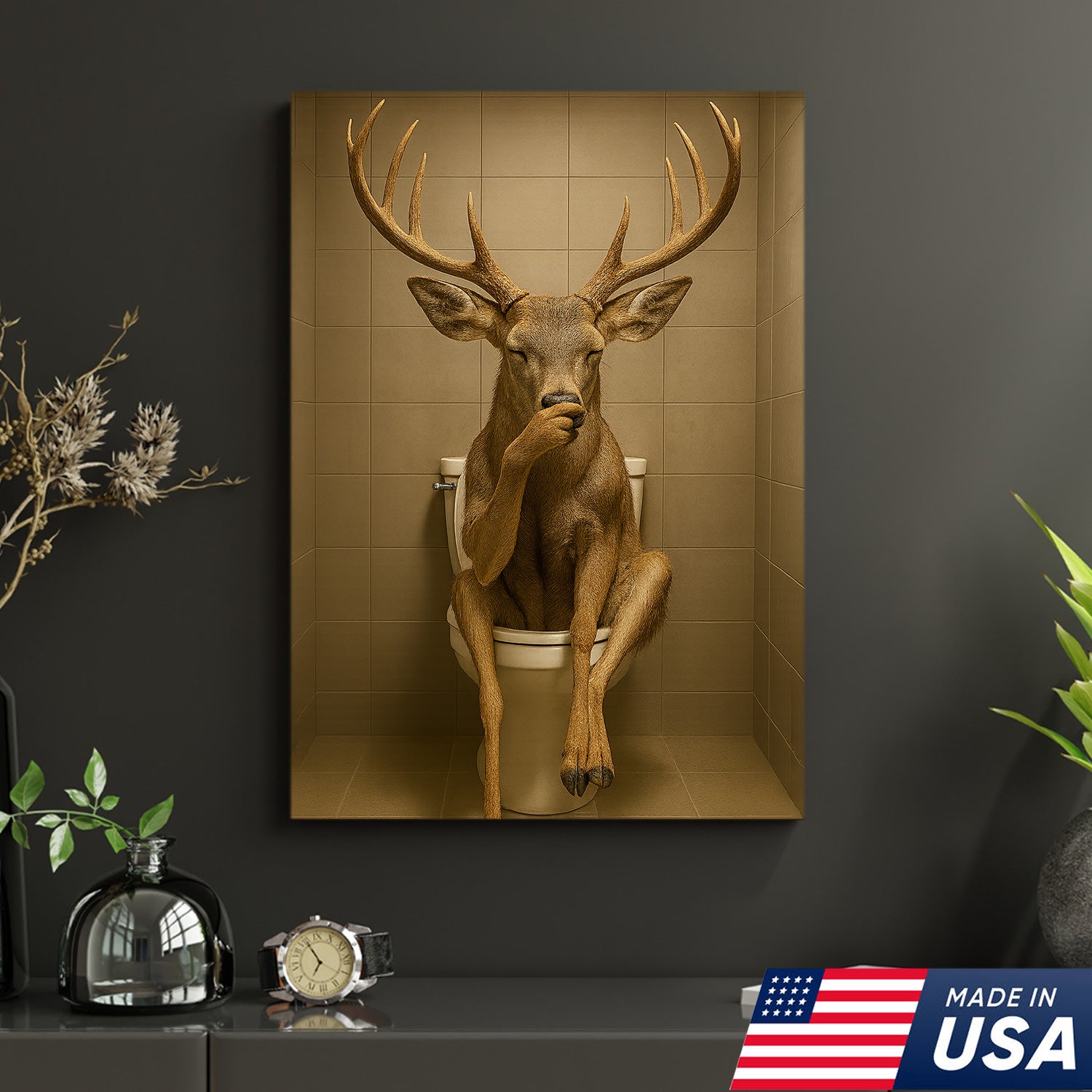 Funny Deer Bathroom Canvas Wall Art – Rustic Toilet Canvas for Cabin, Lodge & Man Cave Decor