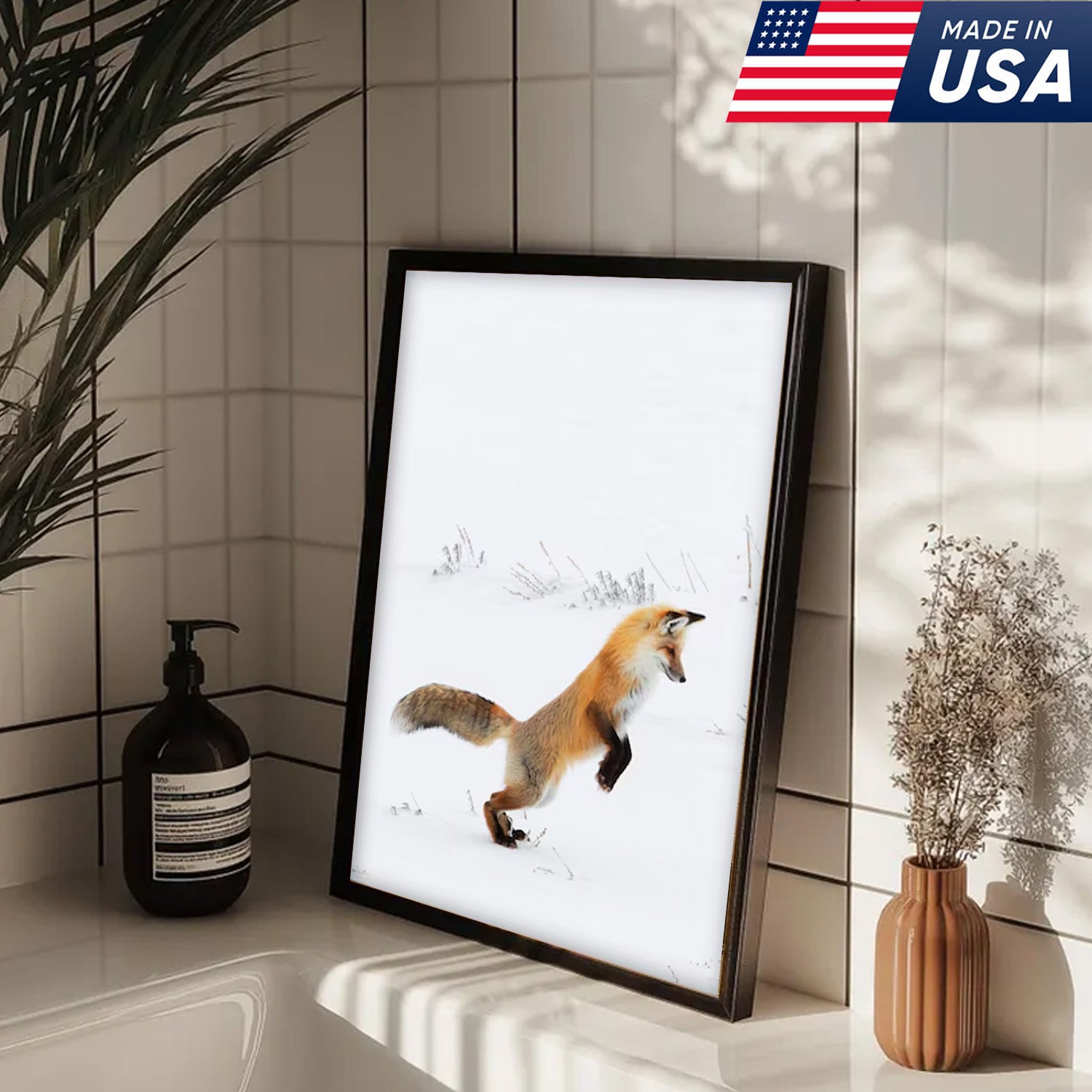 Funny Fox Snow Dive Triptych Canvas Wall Art Set, Playful Wildlife Winter Photography Prints