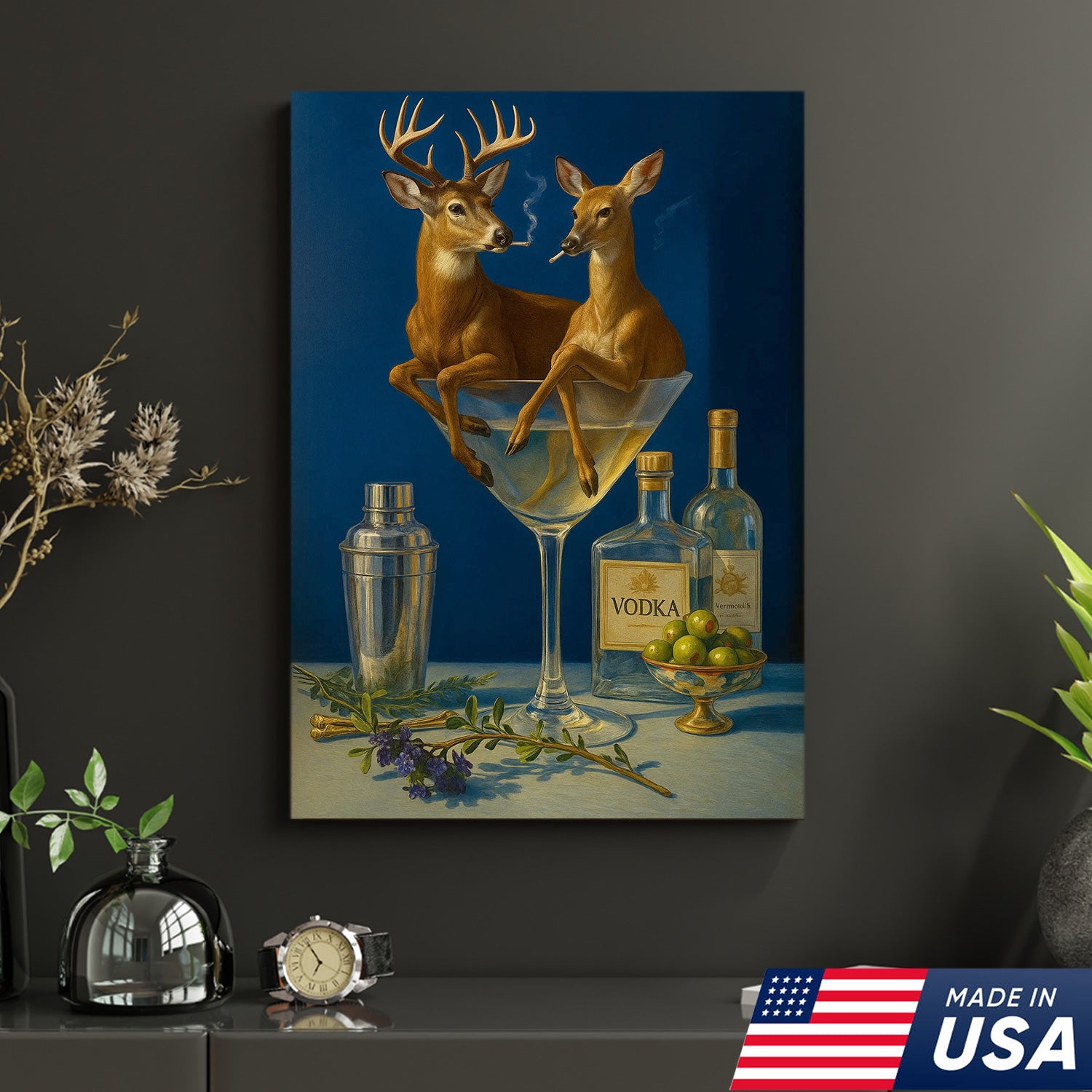 Funny Deer Couple Wall Art Canvas – Whimsical Buck and Doe in Martini Glass – Rustic Lodge Hunting Decor for Home Bar