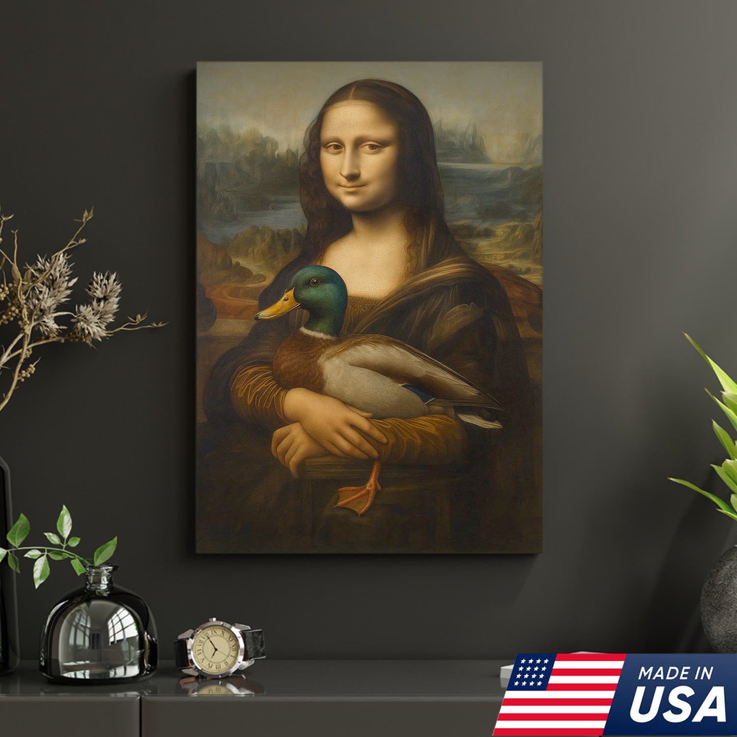 Funny Mona Lisa Duck Canvas Wall Art, Quirky Parody Painting Print for Bathroom or Office