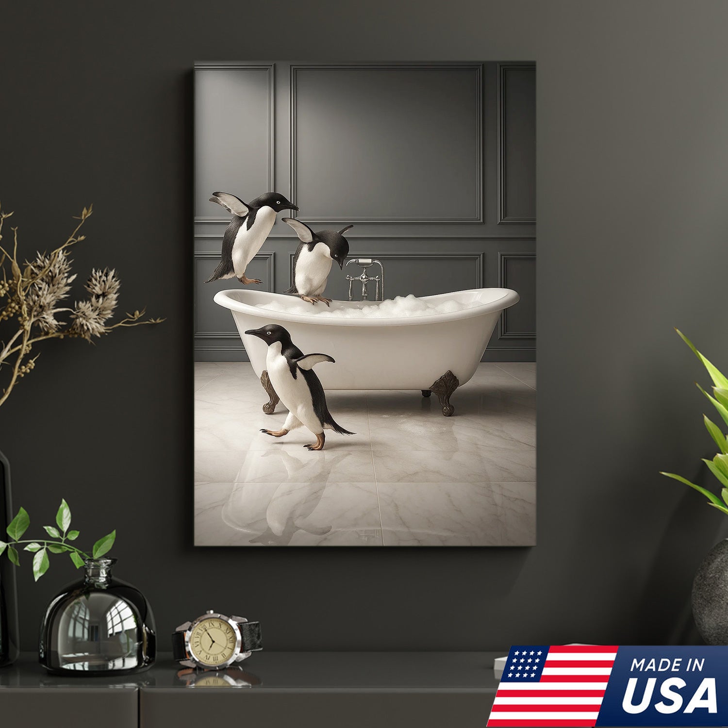 Penguin Bathroom Wall Art Canvas, Cute Penguins Bubble Bath Kids Bathroom Decor