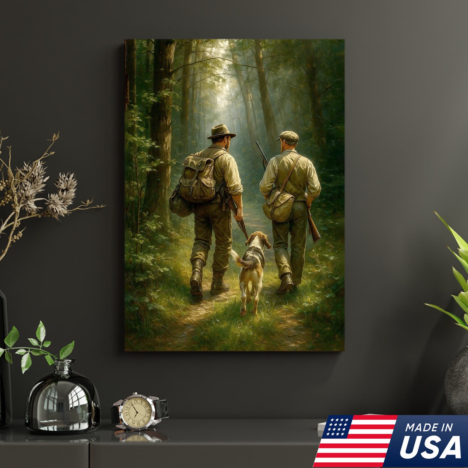 Hunting Canvas Wall Art – Hunters Walking with Dog in Forest – Rustic Cabin Decor for Lodge and Outdoor Enthusiasts