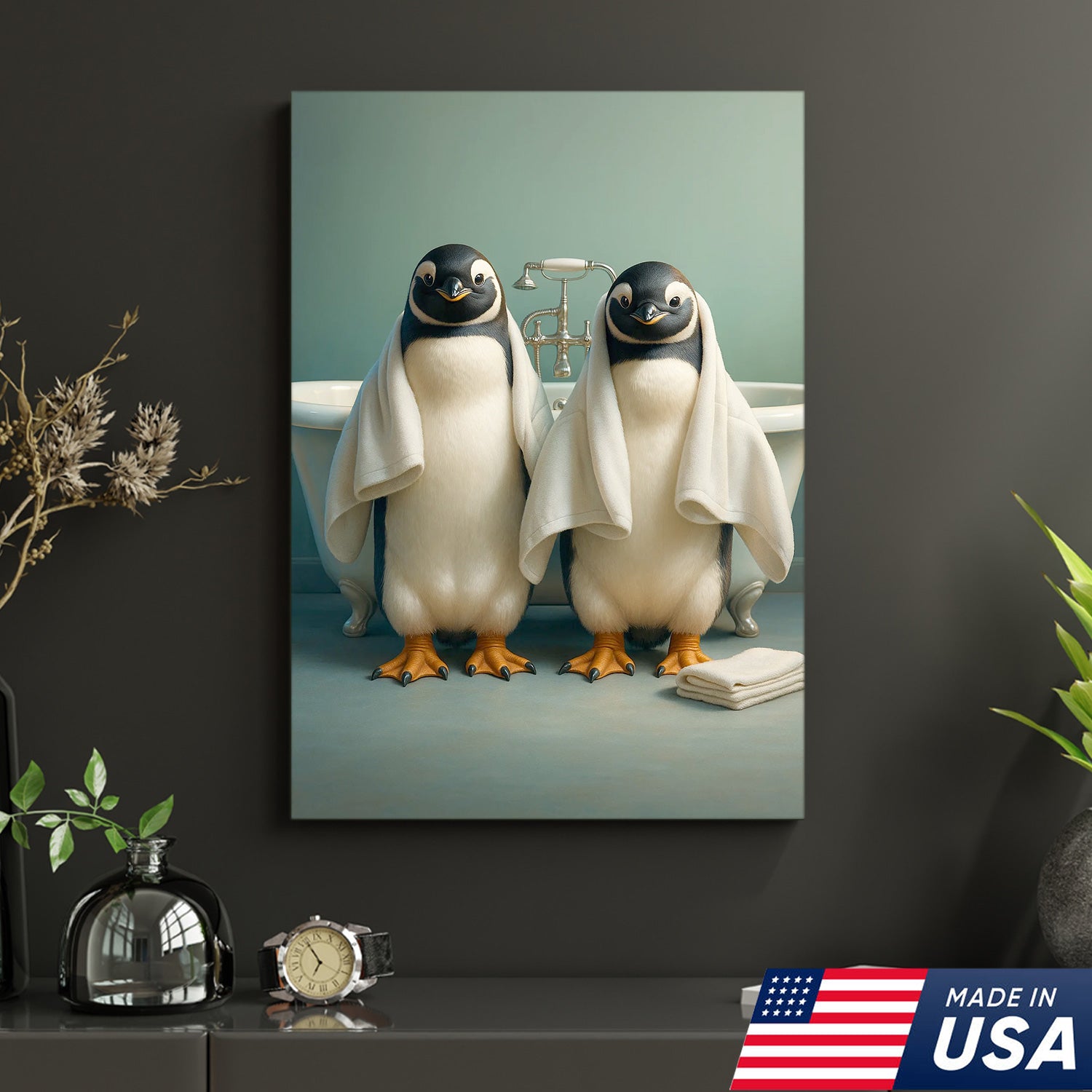 Cute Penguin Twins Bathroom Wall Art Canvas, Adorable Towel Penguins Kids Bath Decor