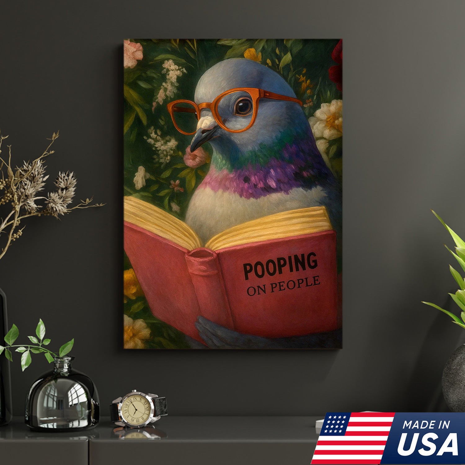 Funny Pigeon Canvas Wall Art - Reading Bird with Glasses Design - Quirky Animal Artwork for Home Decor