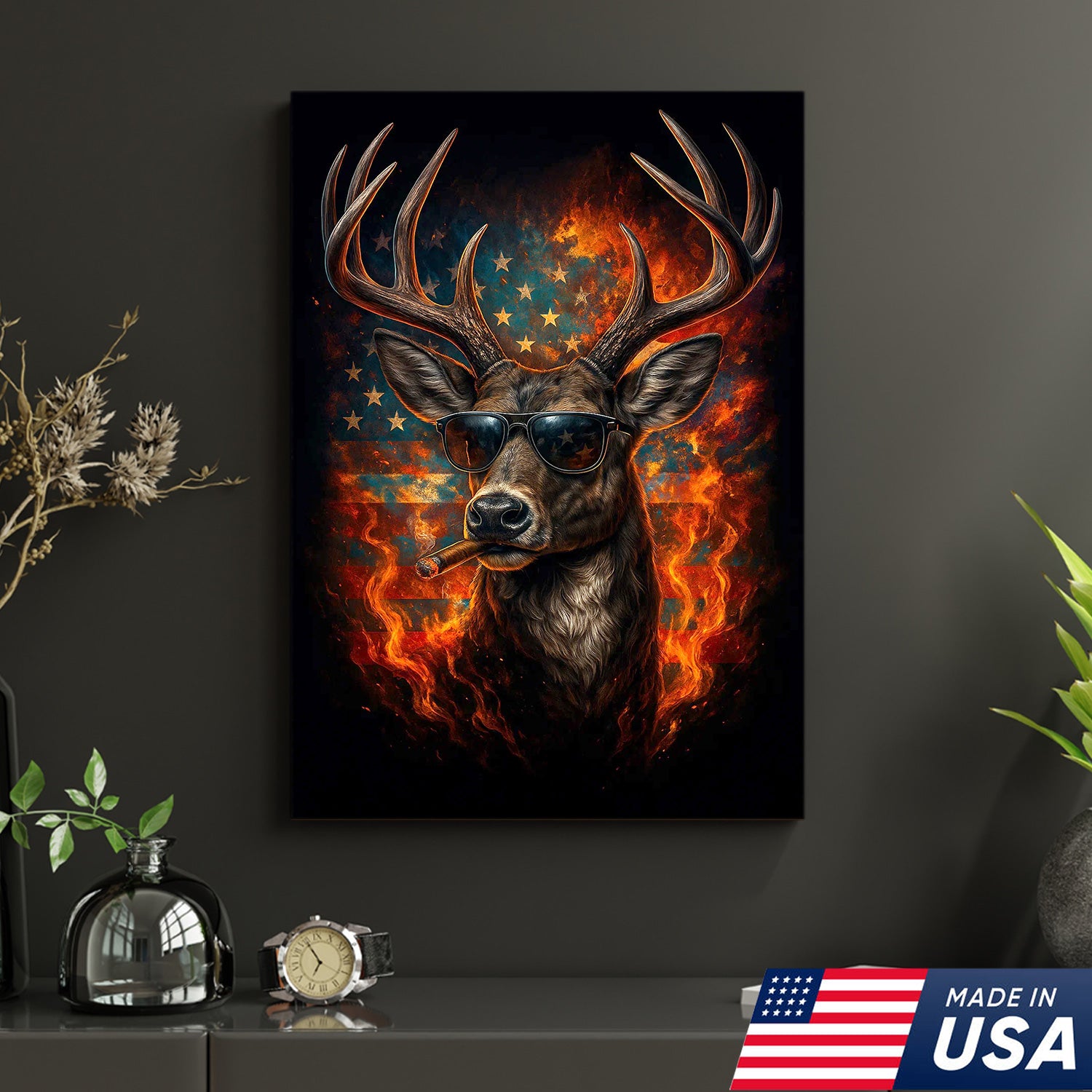 Patriotic Deer Wall Art Canvas – Cool Buck with Sunglasses and American Flag – Rustic Hunting Lodge Decor USA