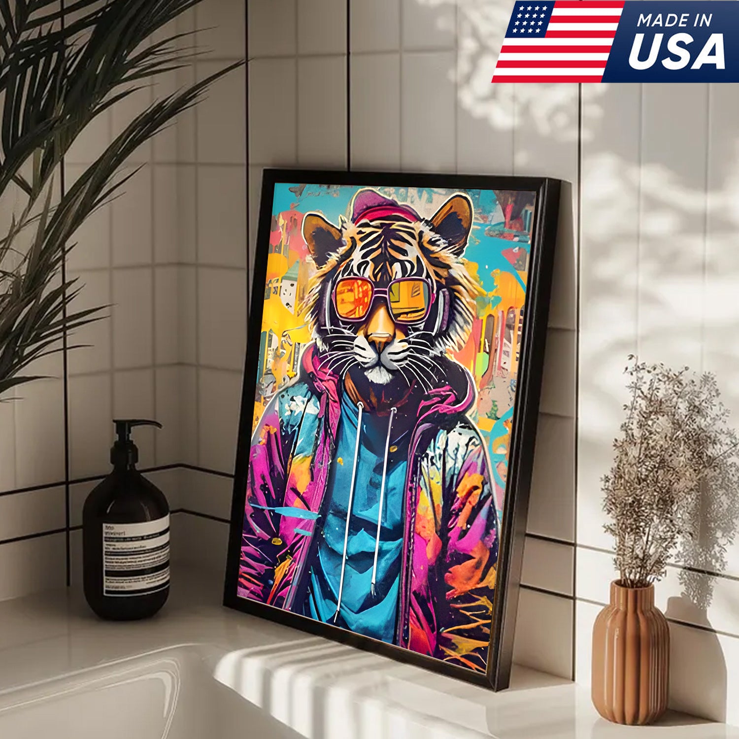 Neon Graffiti Animals Triptych Canvas Wall Art Set, Tiger Bear Gorilla Street Art Prints
